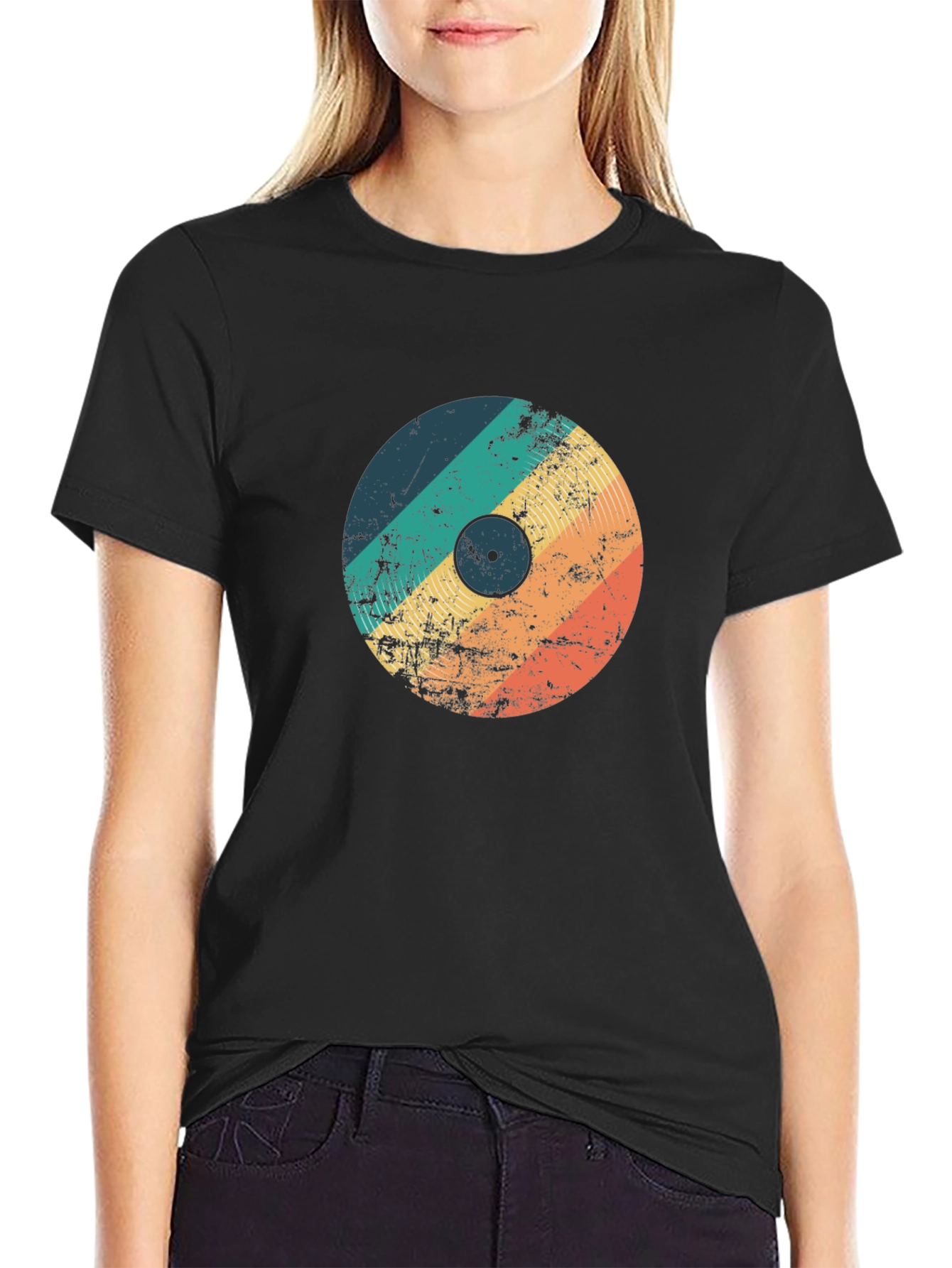 Retro Vinyl Record Graphic Tee - Black Cotton T-Shirt