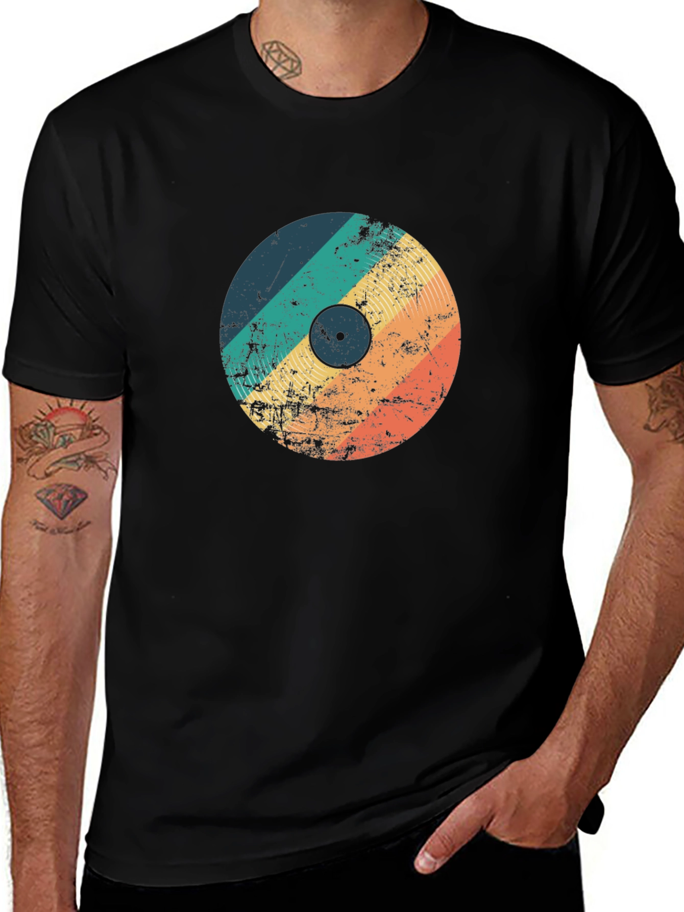 Retro Vinyl Record Graphic Tee - Black Cotton T-Shirt