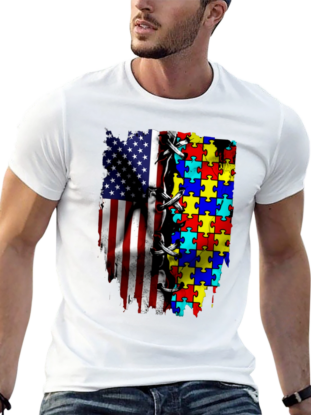 Autism Awareness USA Flag Puzzle T-Shirt