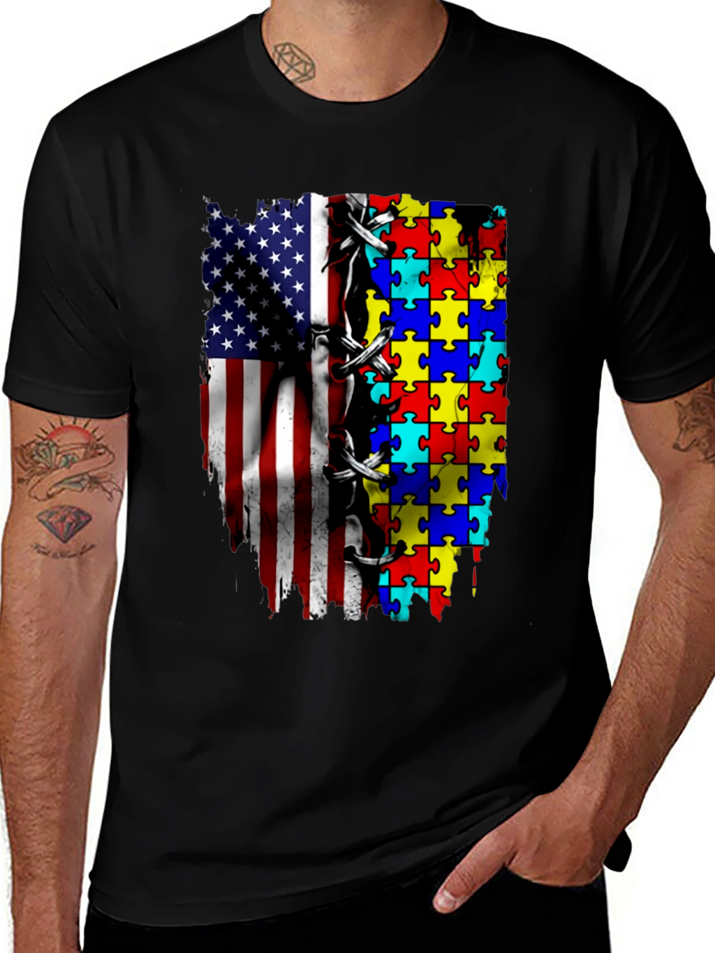 Autism Awareness USA Flag Puzzle T-Shirt