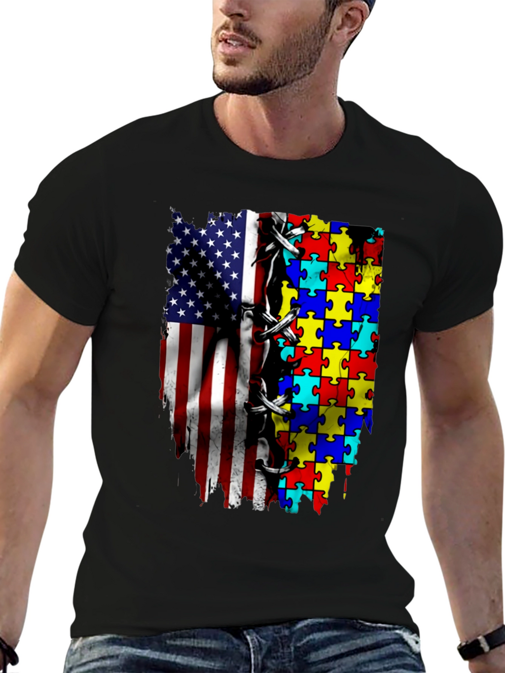 Autism Awareness USA Flag Puzzle T-Shirt