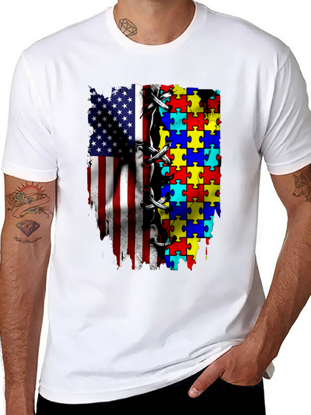 Autism Awareness USA Flag Puzzle T-Shirt