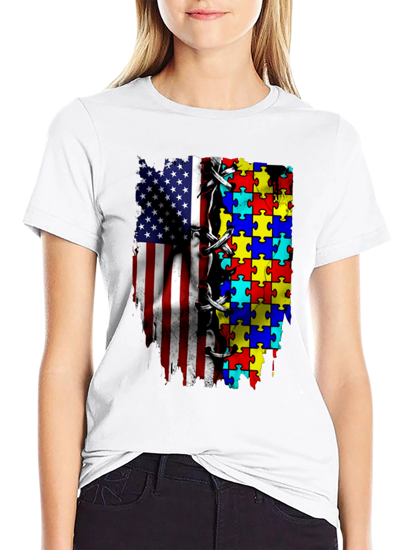 Autism Awareness USA Flag Puzzle T-Shirt