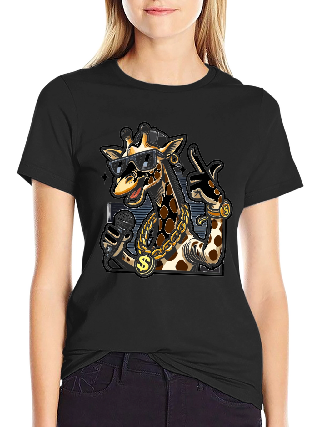 Rapper Giraffe Graphic T-Shirt - Black