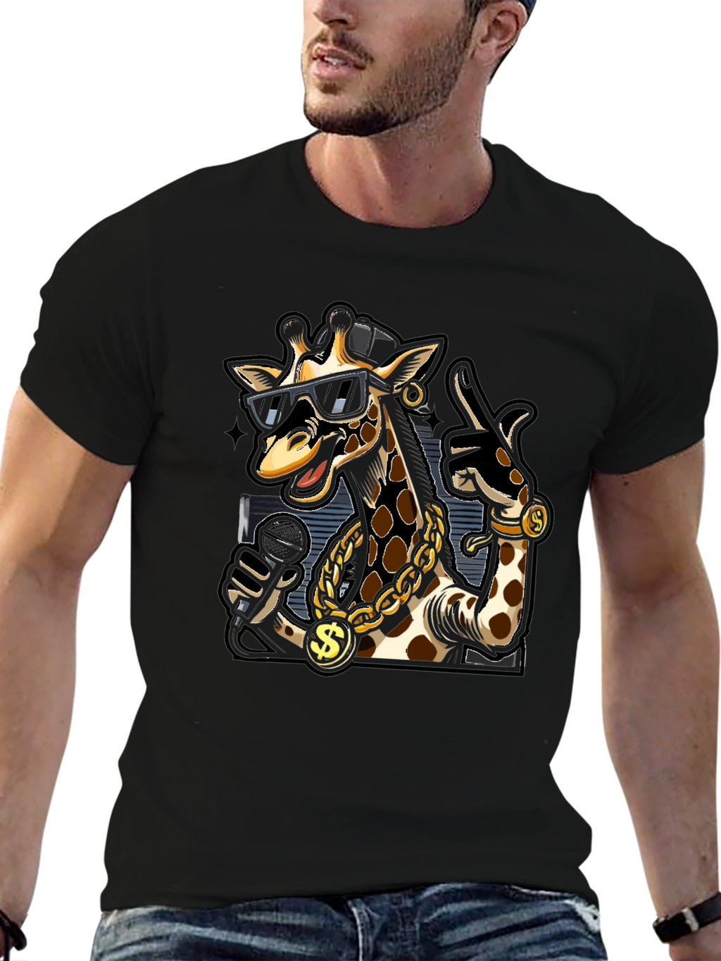 Rapper Giraffe Graphic T-Shirt - Black