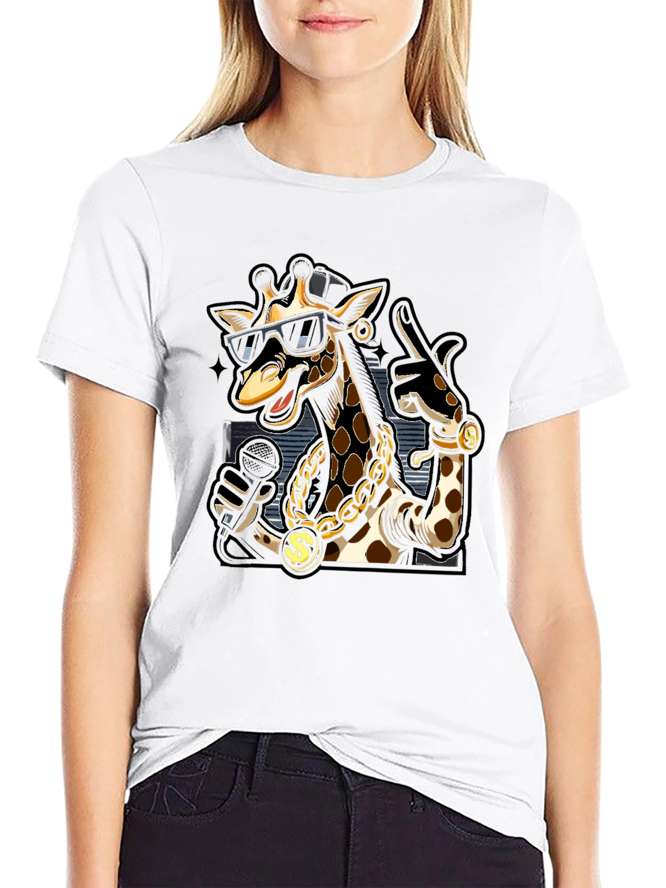 Rapper Giraffe Graphic T-Shirt - Black