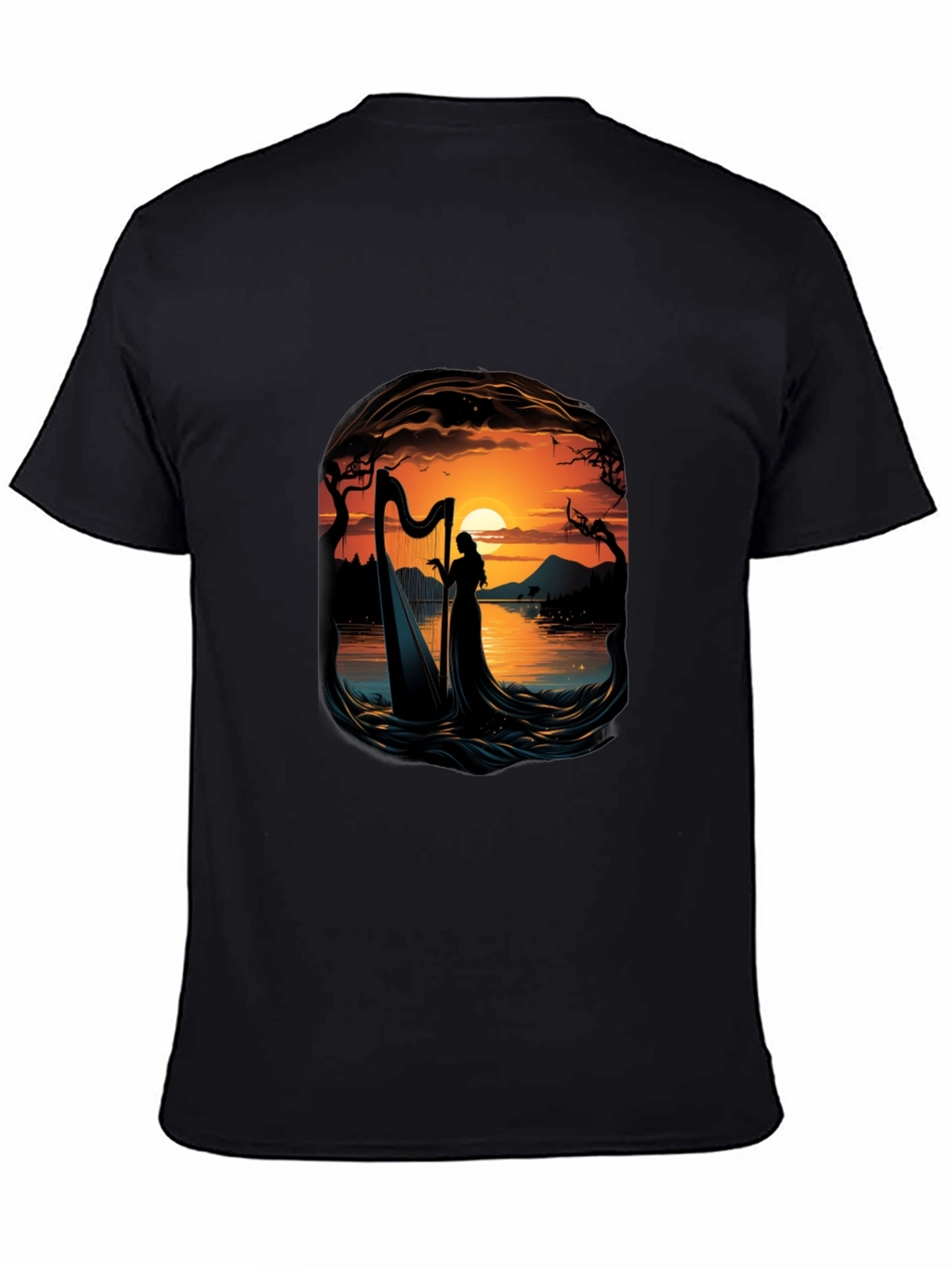 Silhouette Harpist T-Shirt - Sunset Lake Design