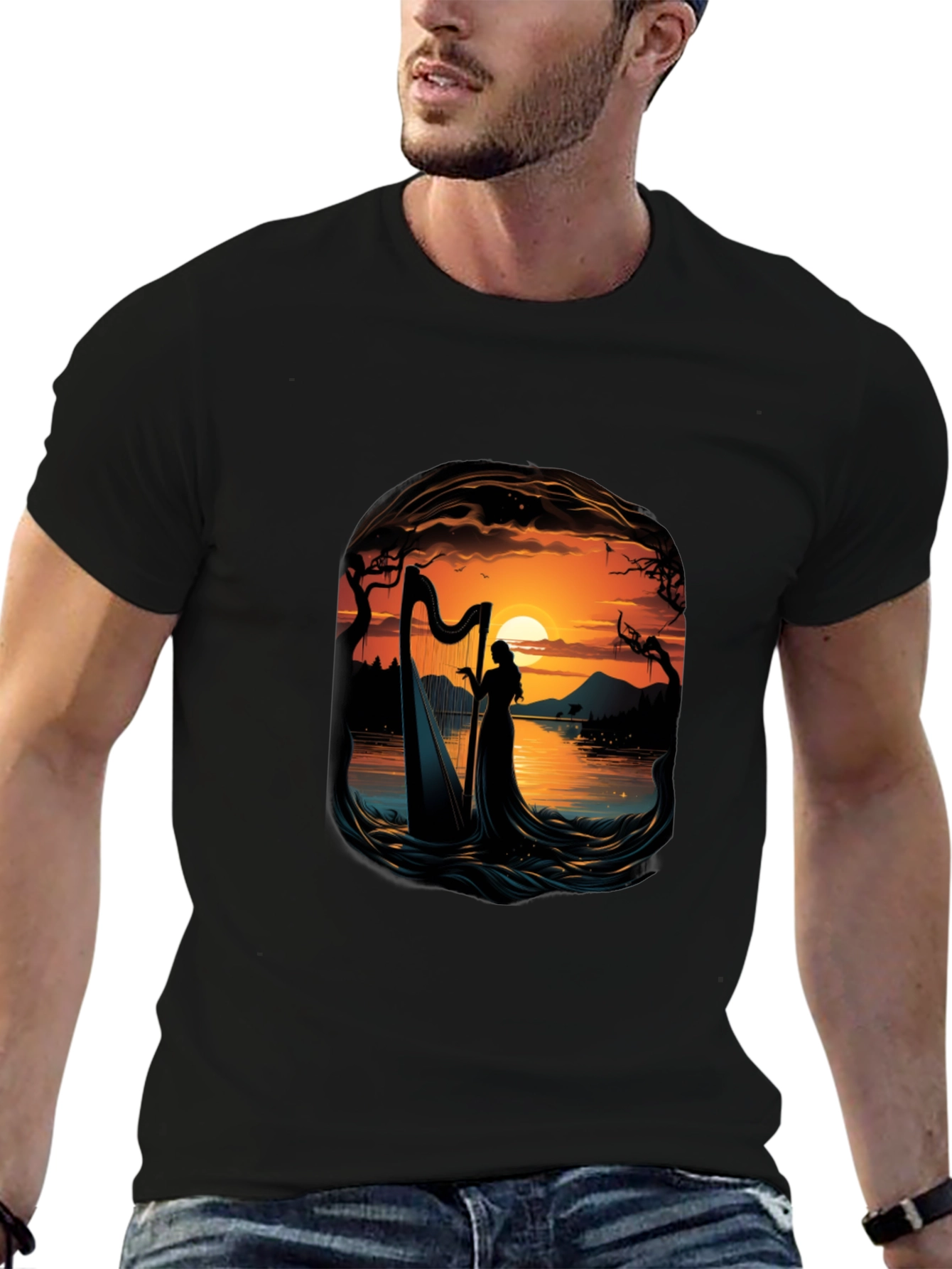Silhouette Harpist T-Shirt - Sunset Lake Design
