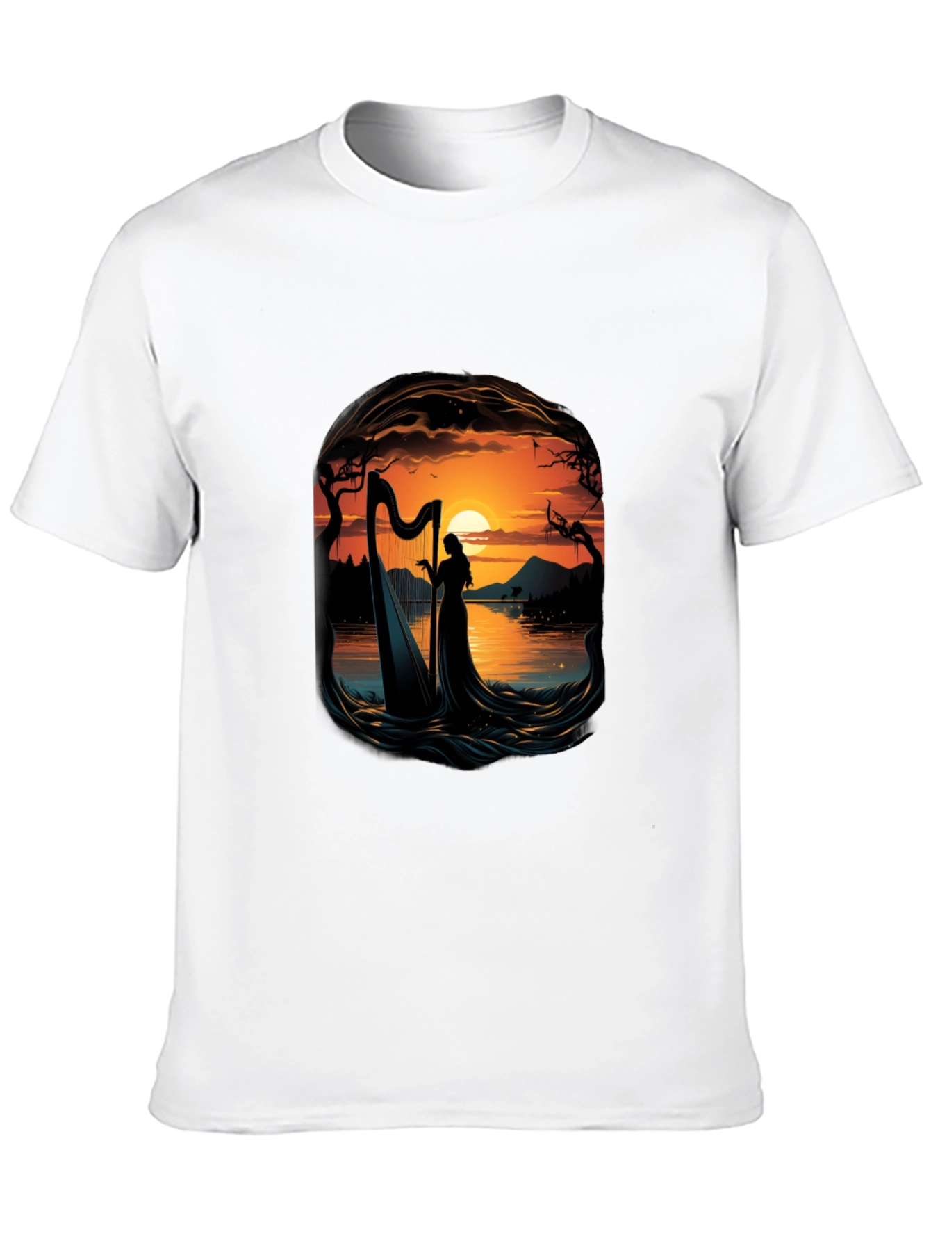 Silhouette Harpist T-Shirt - Sunset Lake Design