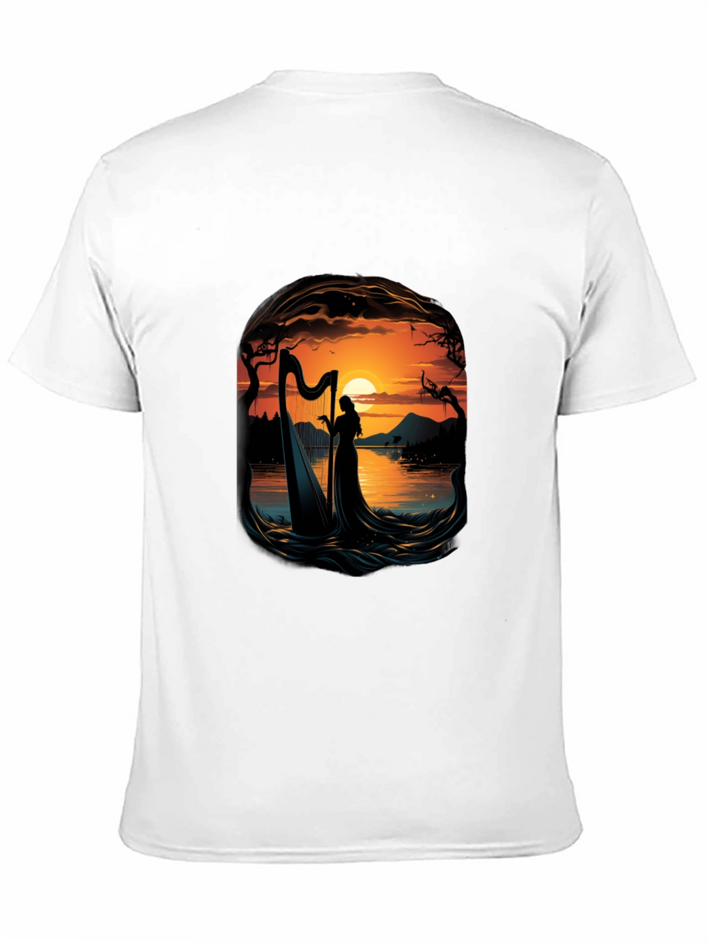 Silhouette Harpist T-Shirt - Sunset Lake Design