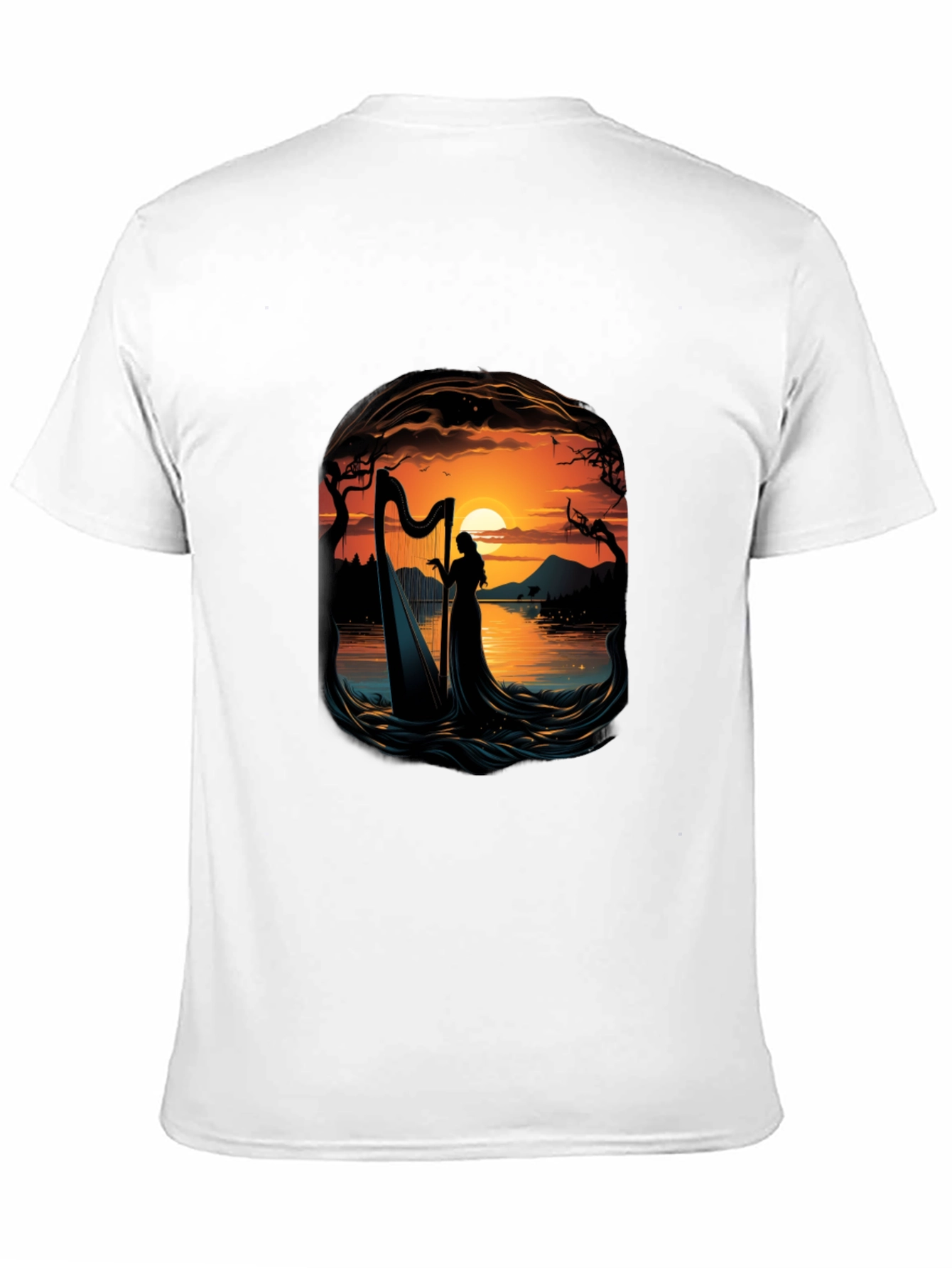 Silhouette Harpist T-Shirt - Sunset Lake Design