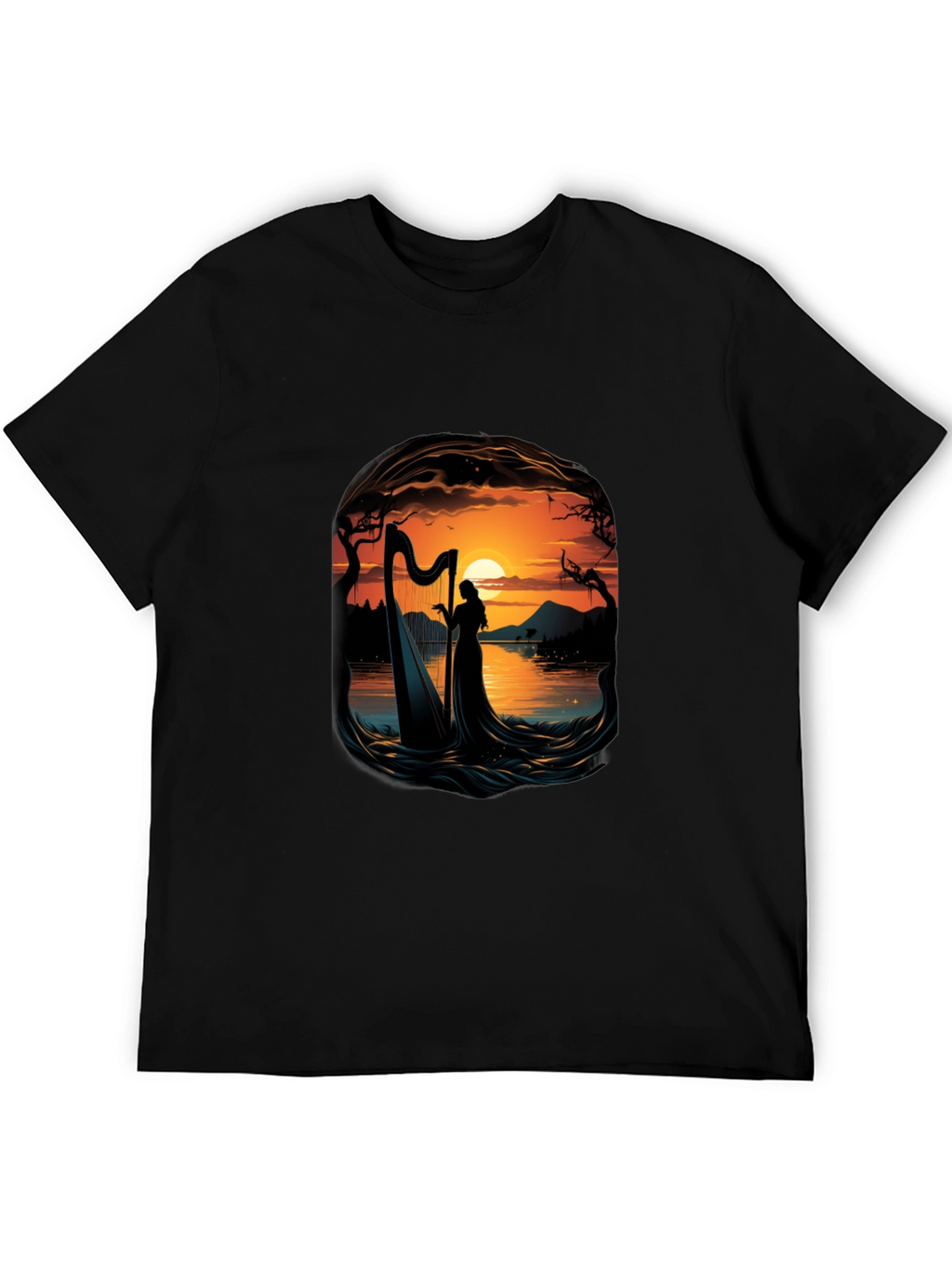 Silhouette Harpist T-Shirt - Sunset Lake Design