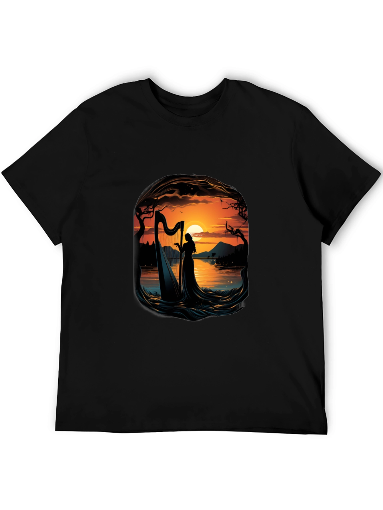 Silhouette Harpist T-Shirt - Sunset Lake Design