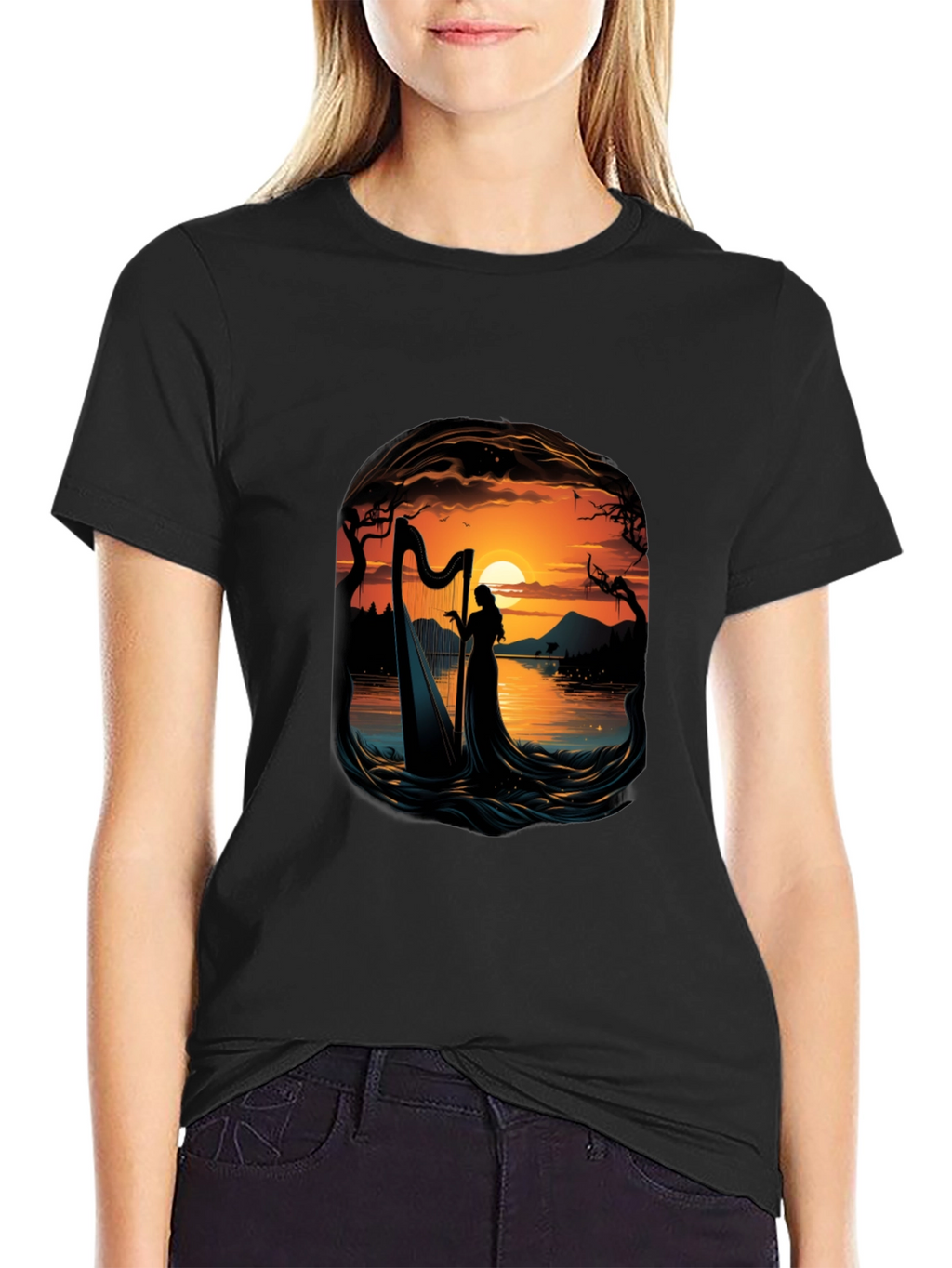Silhouette Harpist T-Shirt - Sunset Lake Design