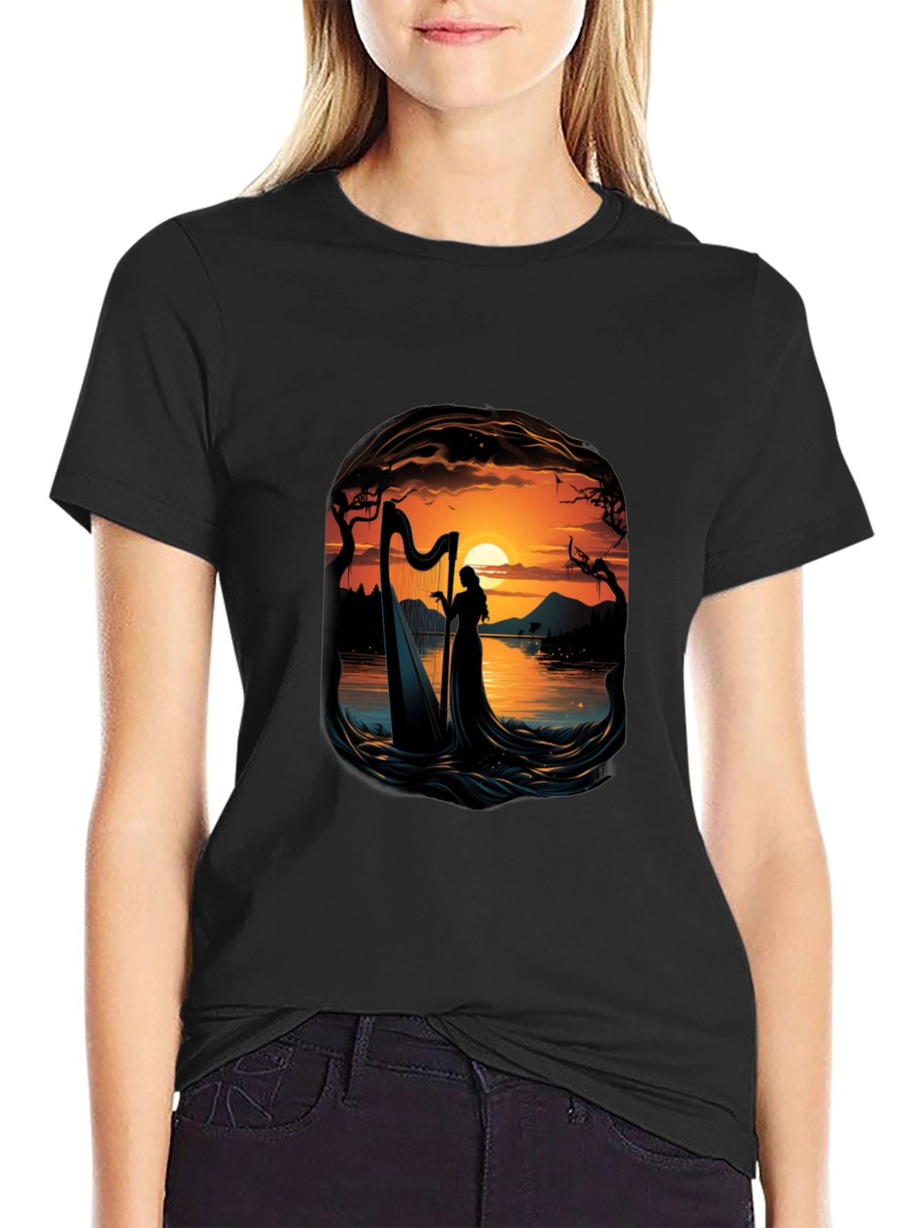 Silhouette Harpist T-Shirt - Sunset Lake Design