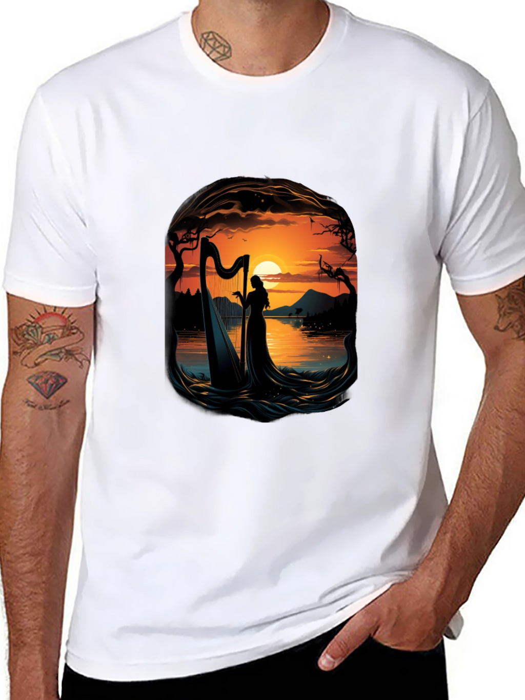 Silhouette Harpist T-Shirt - Sunset Lake Design