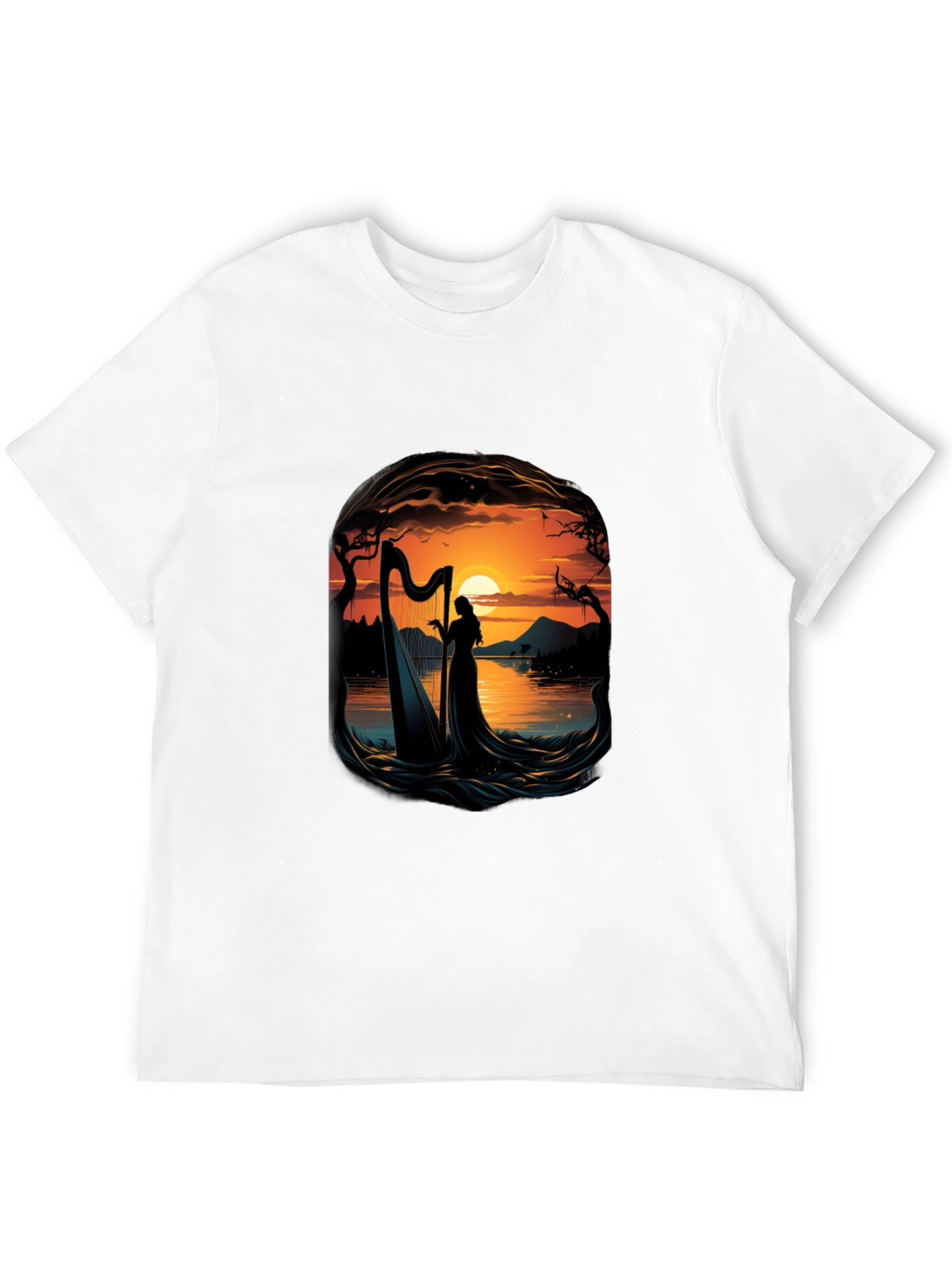 Silhouette Harpist T-Shirt - Sunset Lake Design