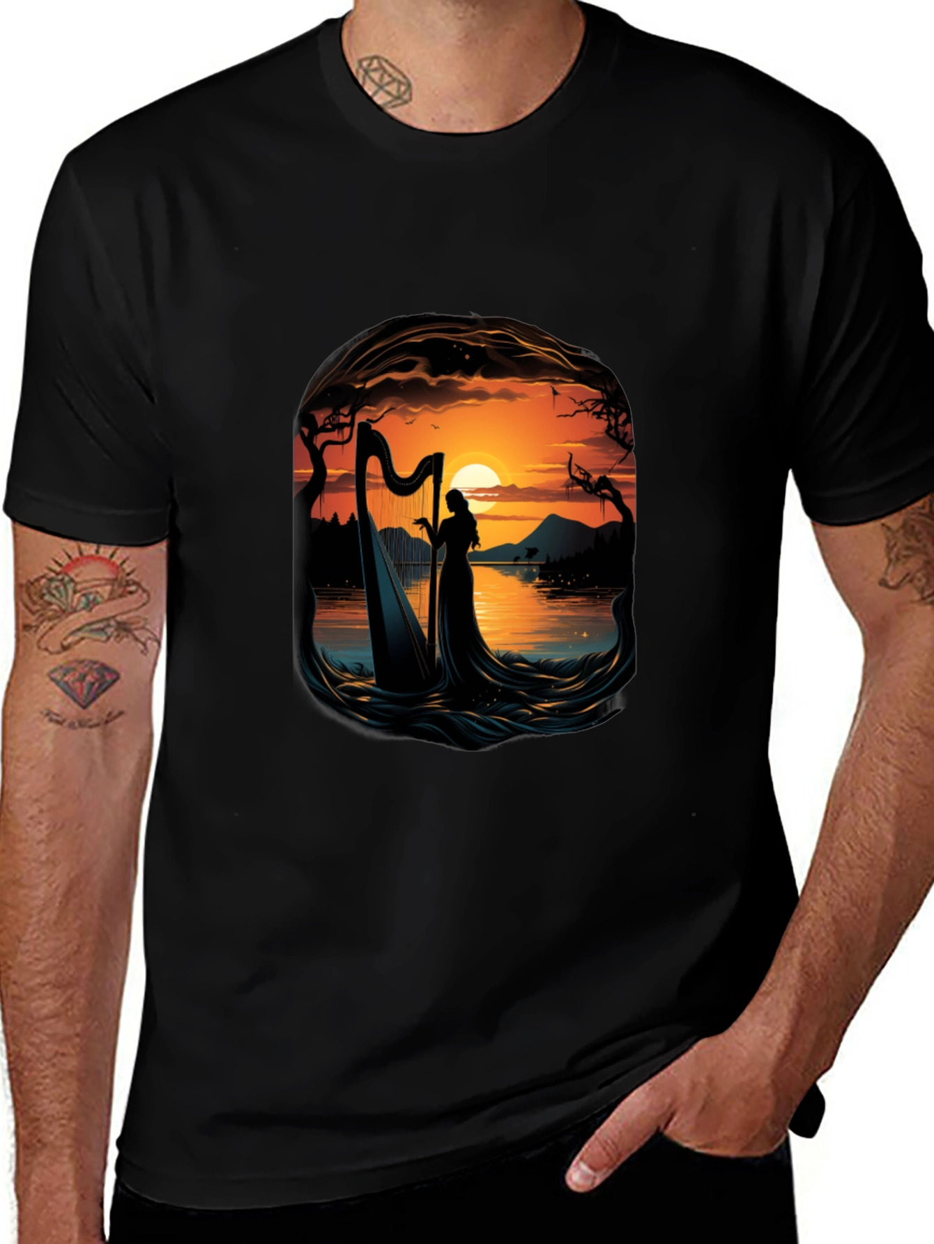 Silhouette Harpist T-Shirt - Sunset Lake Design