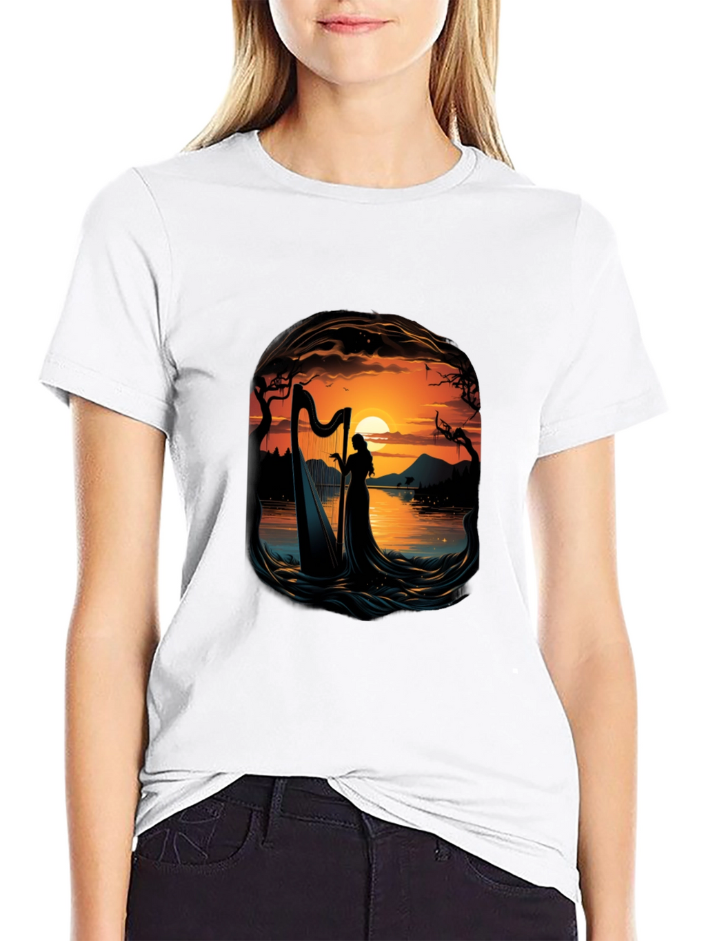 Silhouette Harpist T-Shirt - Sunset Lake Design