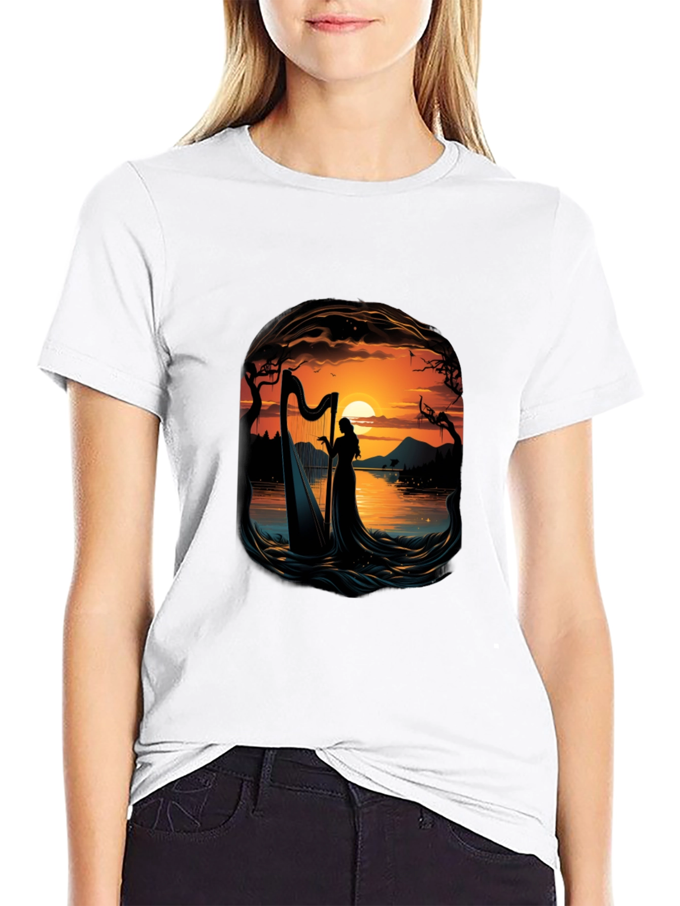 Silhouette Harpist T-Shirt - Sunset Lake Design