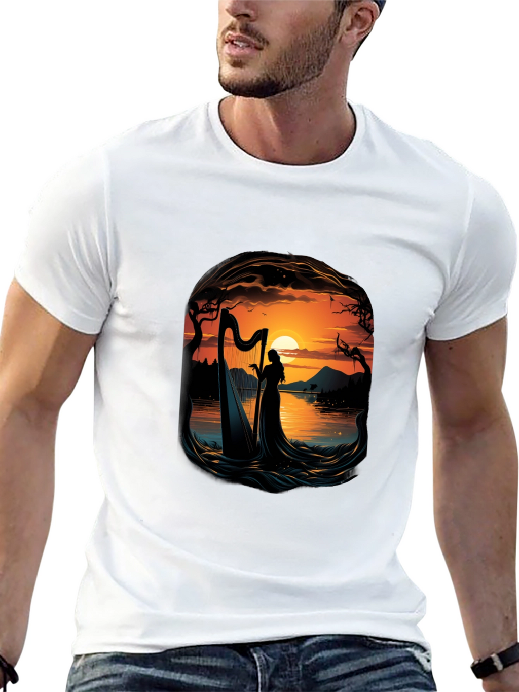 Silhouette Harpist T-Shirt - Sunset Lake Design