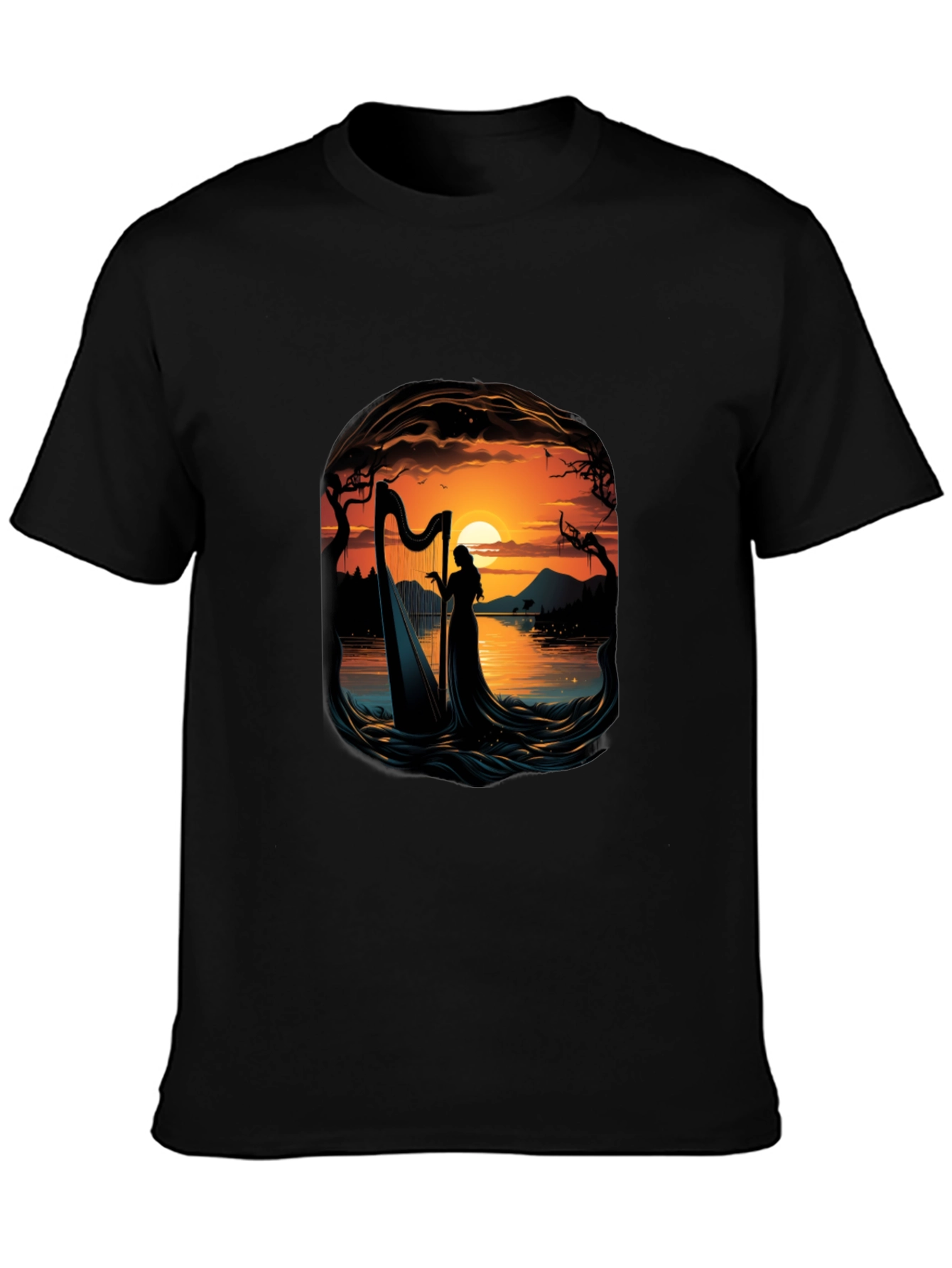 Silhouette Harpist T-Shirt - Sunset Lake Design