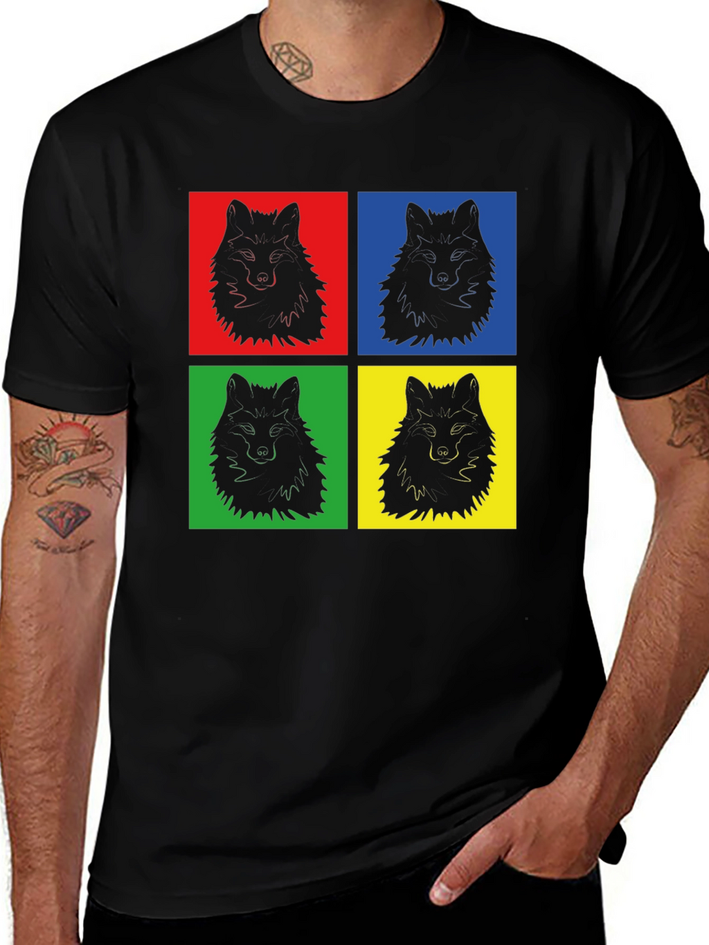 Pop Art Wolf Graphic Print Black T-Shirt