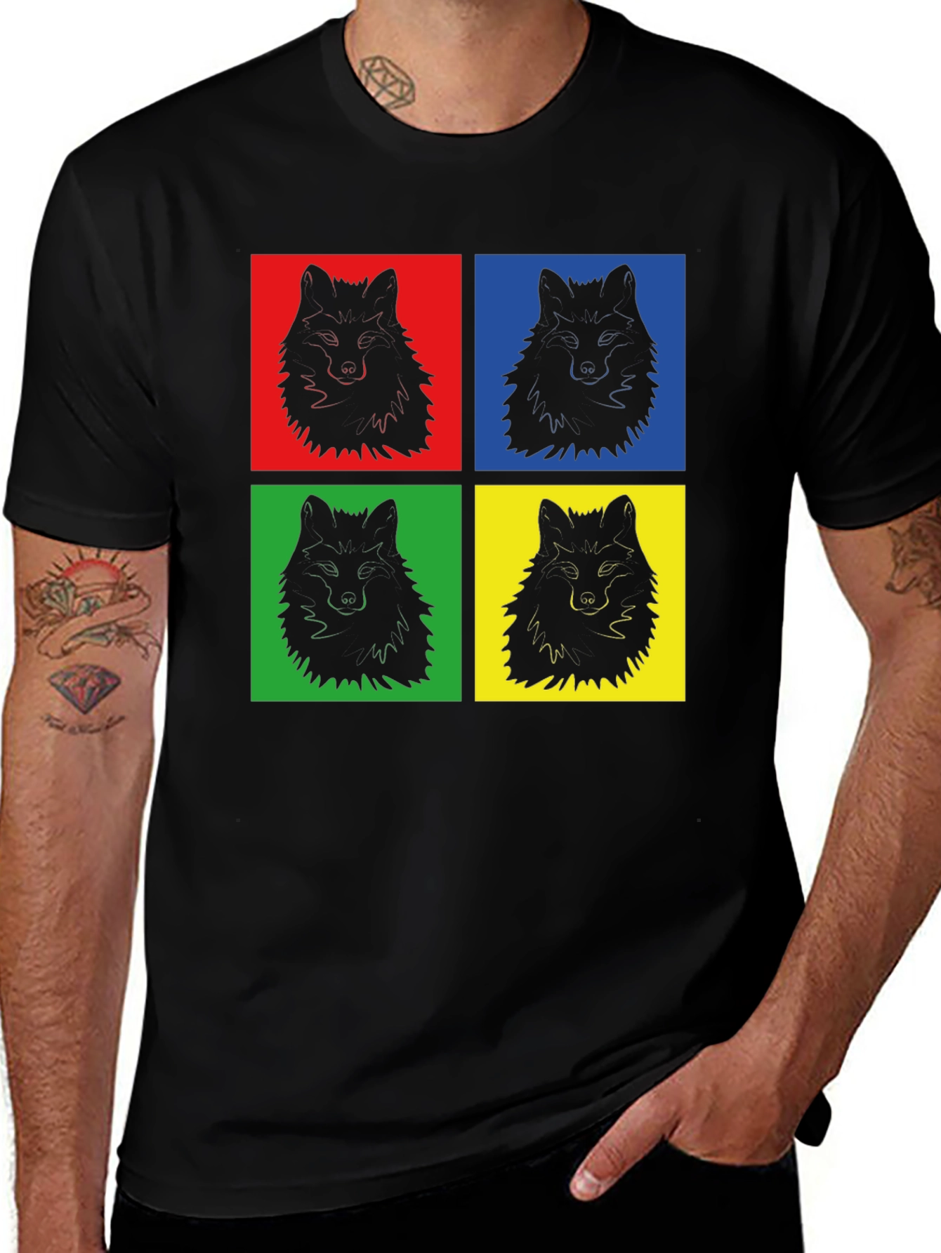Pop Art Wolf Graphic Print Black T-Shirt