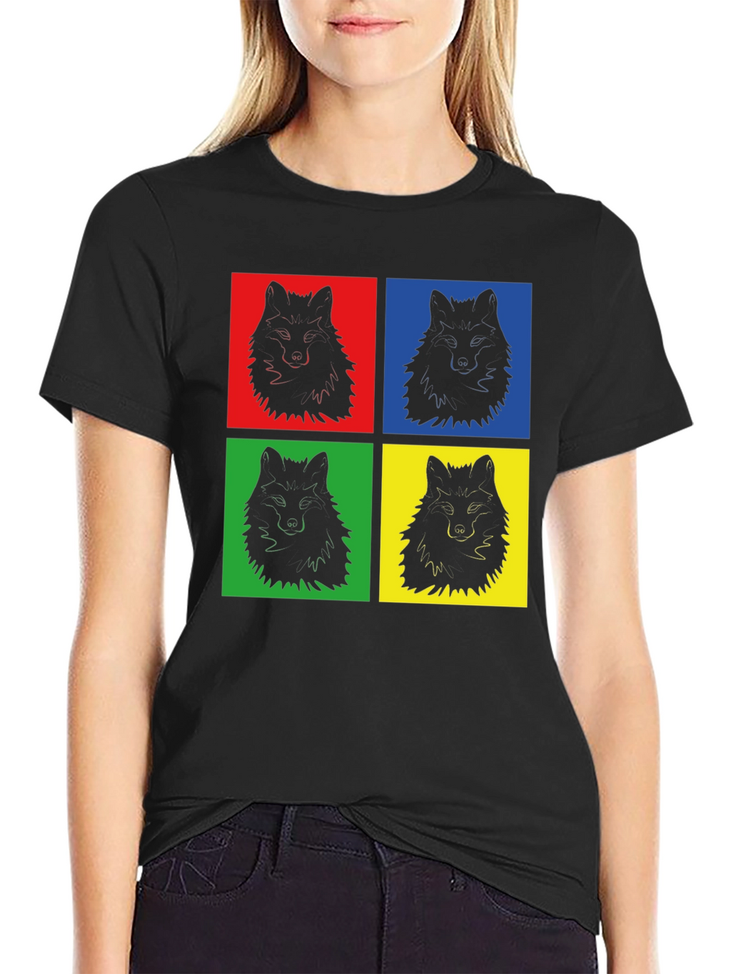 Pop Art Wolf Graphic Print Black T-Shirt