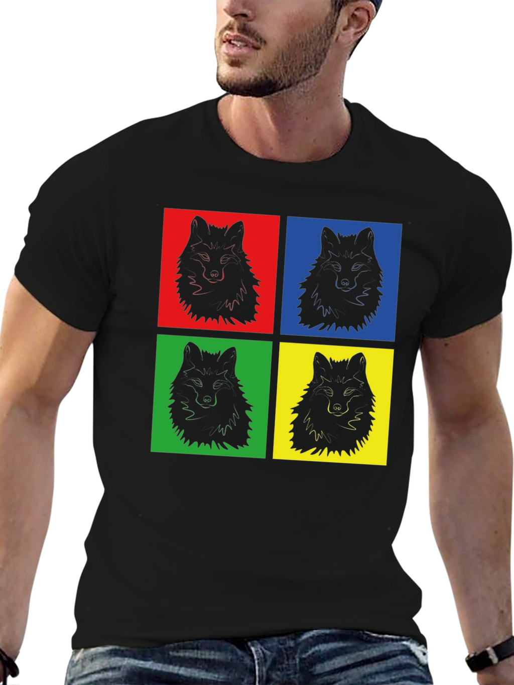 Pop Art Wolf Graphic Print Black T-Shirt