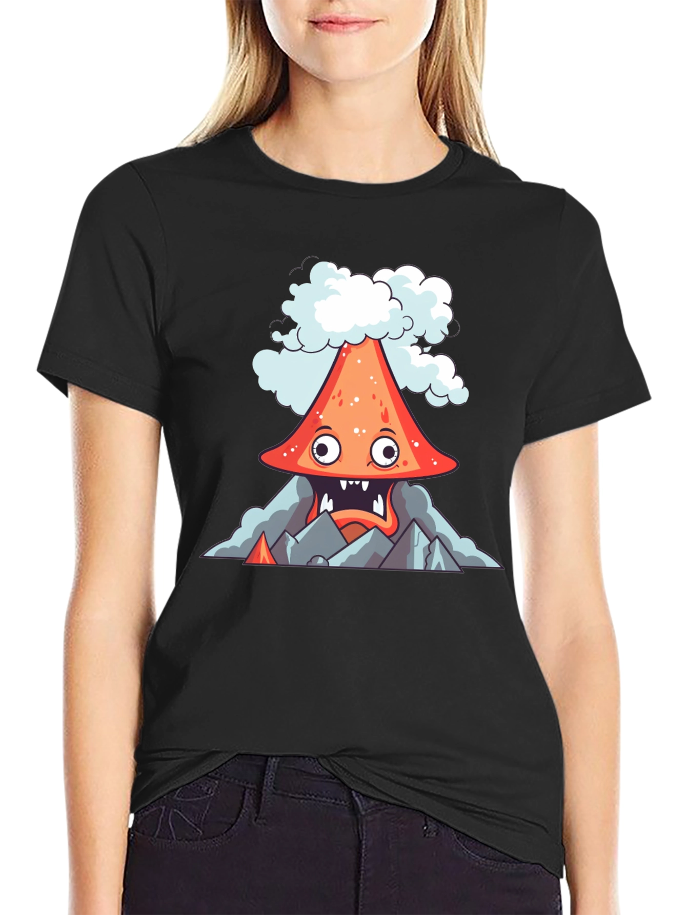 Volcano Cartoon Graphic Tee - Black