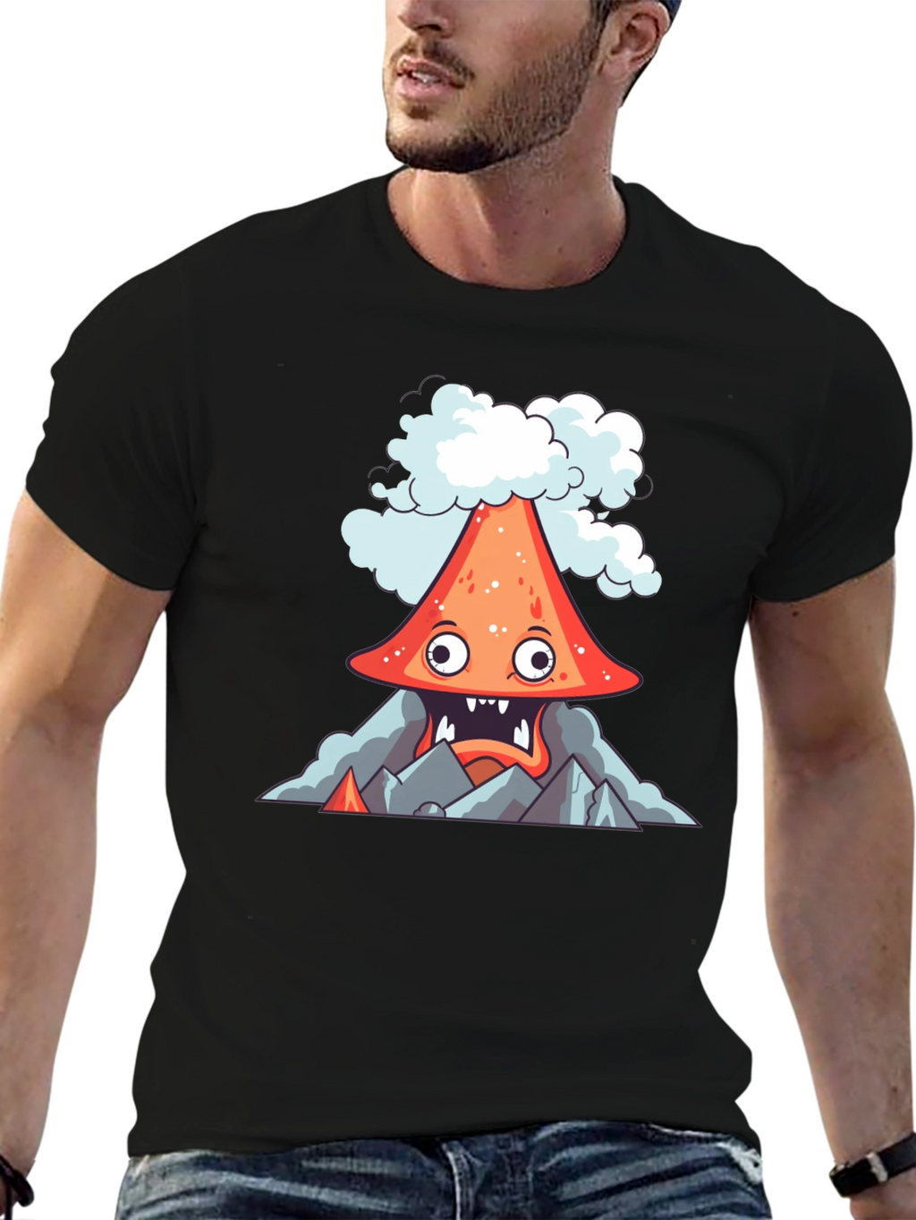 Volcano Cartoon Graphic Tee - Black