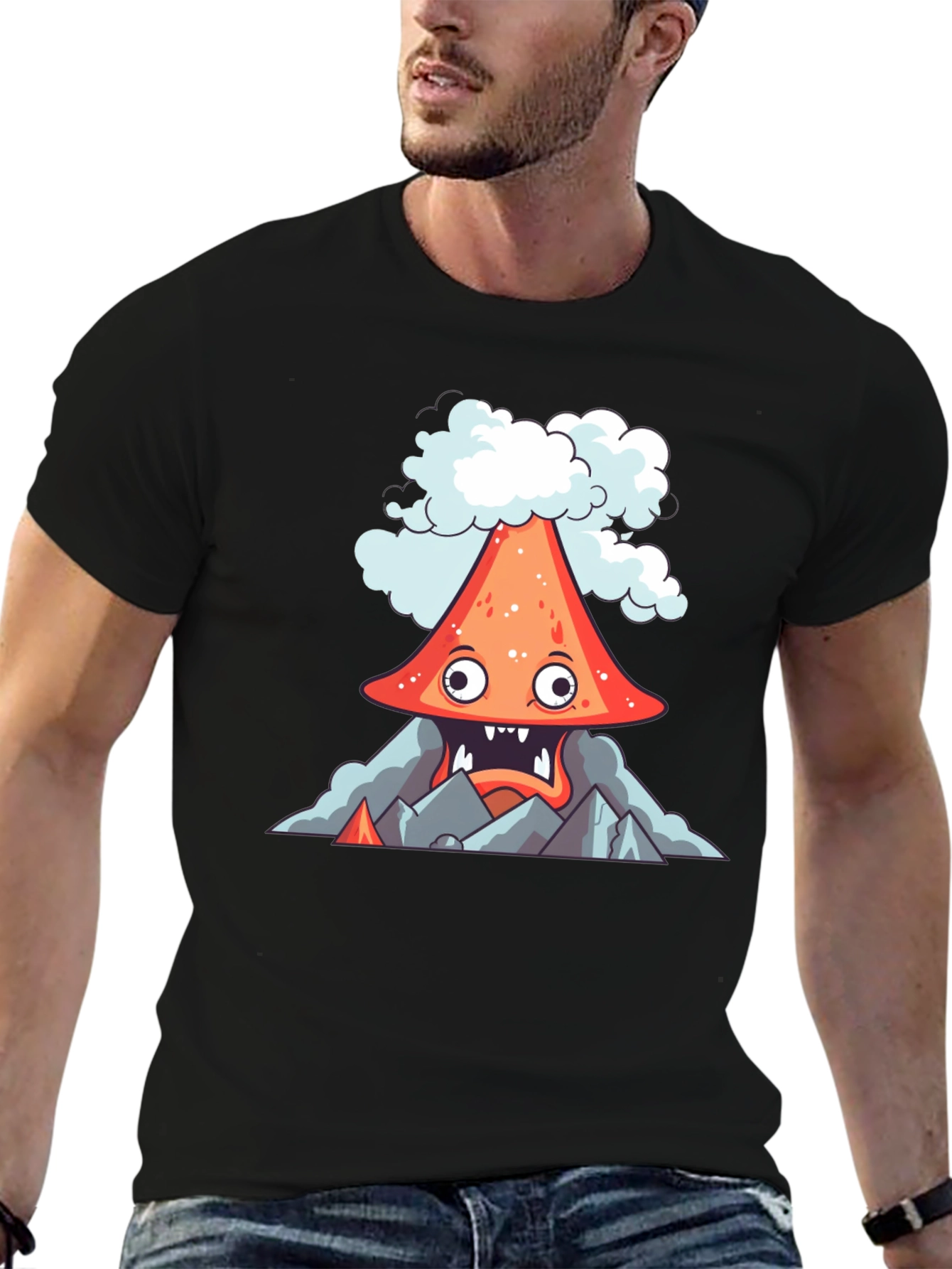Volcano Cartoon Graphic Tee - Black
