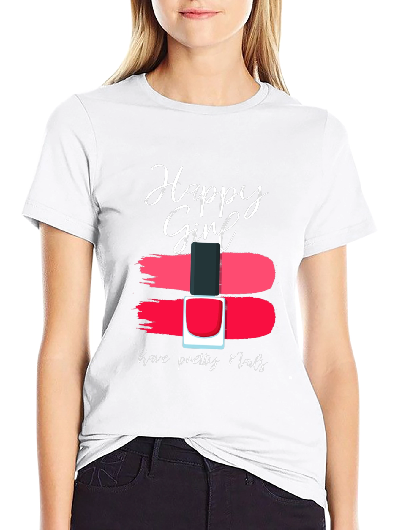 Happy Girl Pretty Nails Graphic Tee - Black Cotton