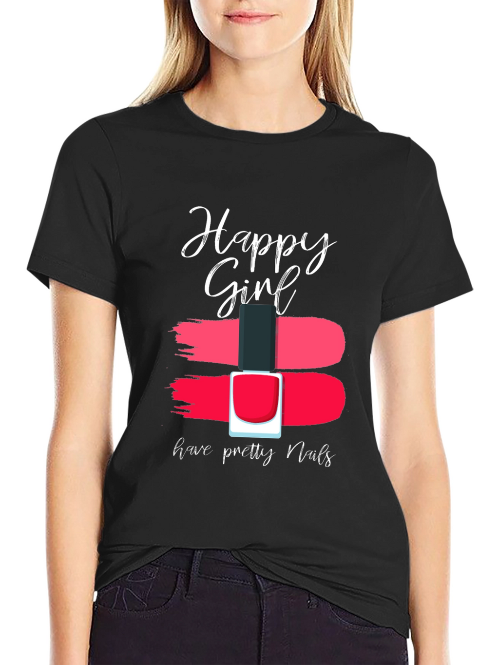 Happy Girl Pretty Nails Graphic Tee - Black Cotton