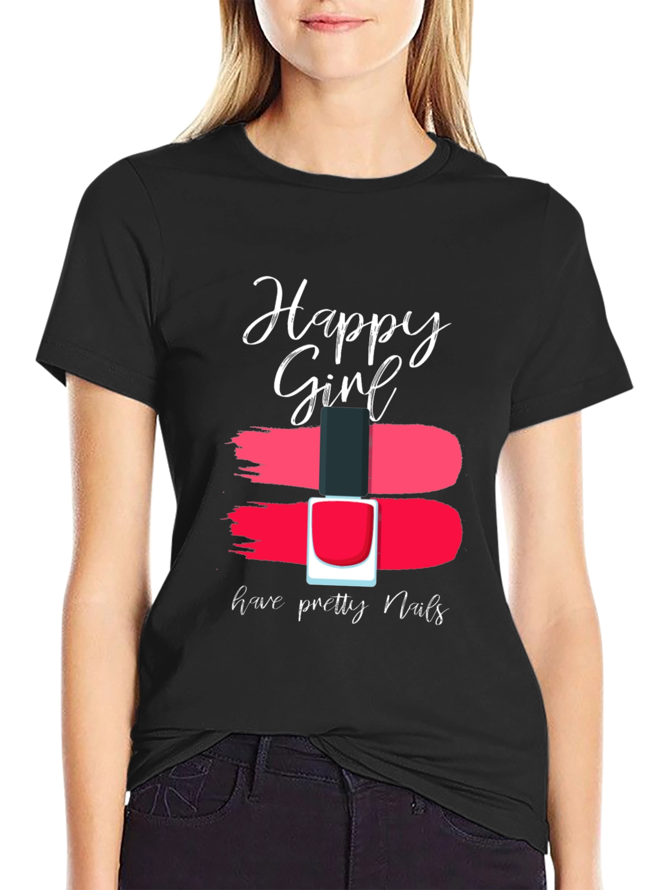 Happy Girl Pretty Nails Graphic Tee - Black Cotton