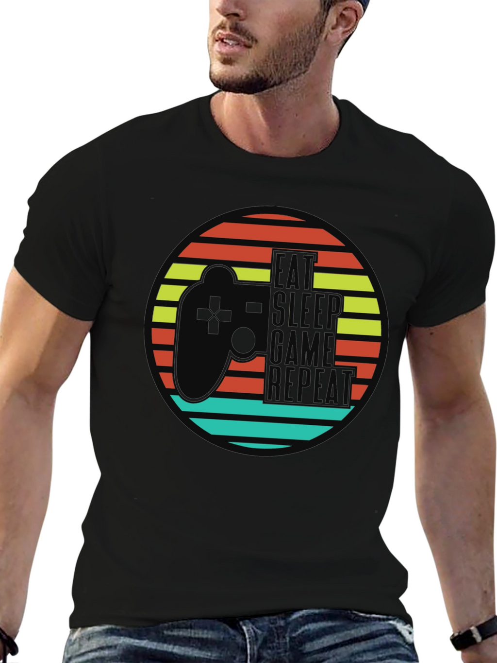 Eat Sleep Game Repeat Black Graphic T-Shirt