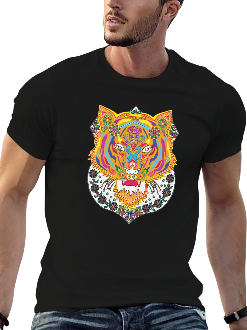 Psychedelic Tiger Graphic Tee - Bold Black T-Shirt