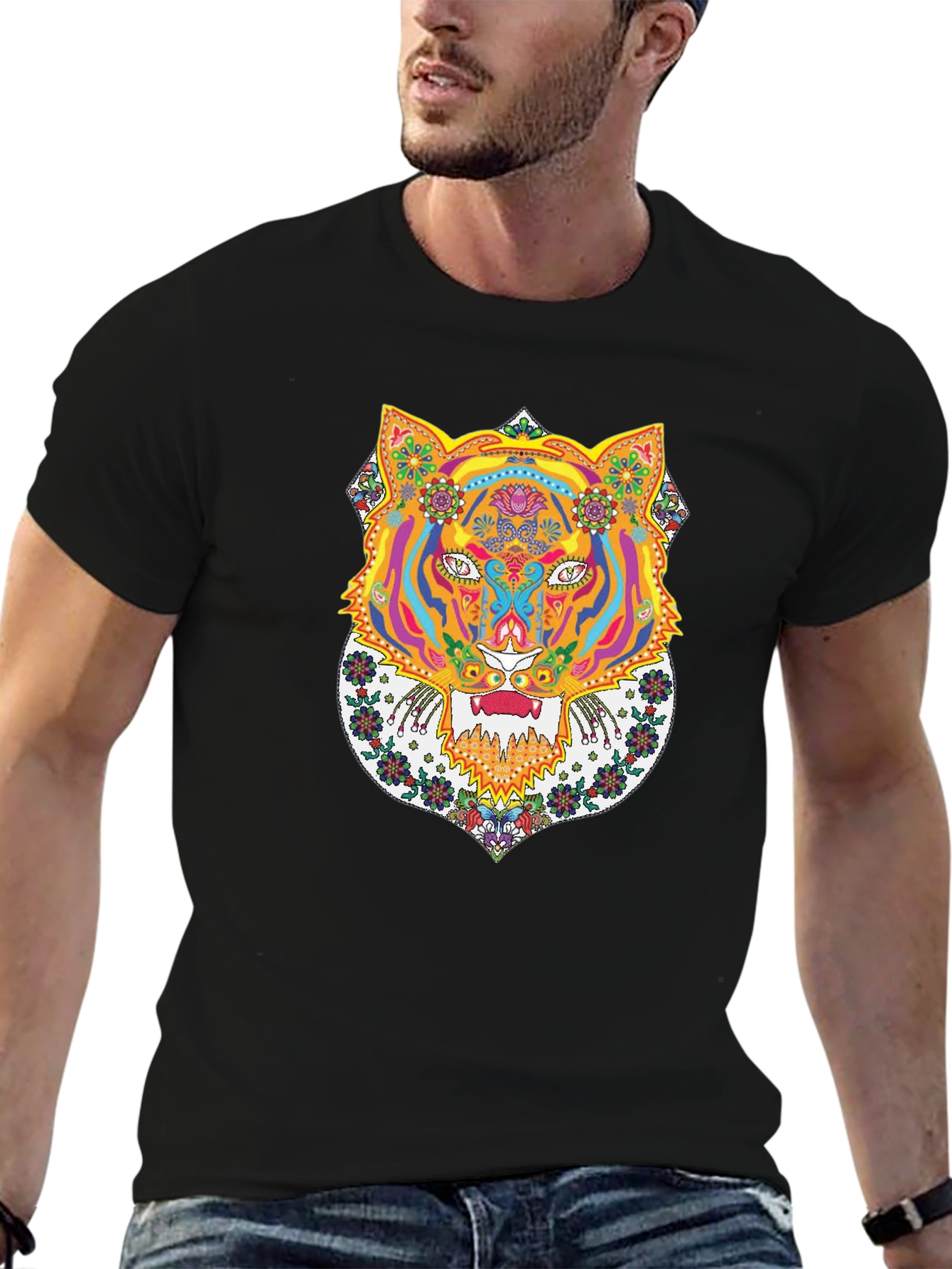 Psychedelic Tiger Graphic Tee - Bold Black T-Shirt