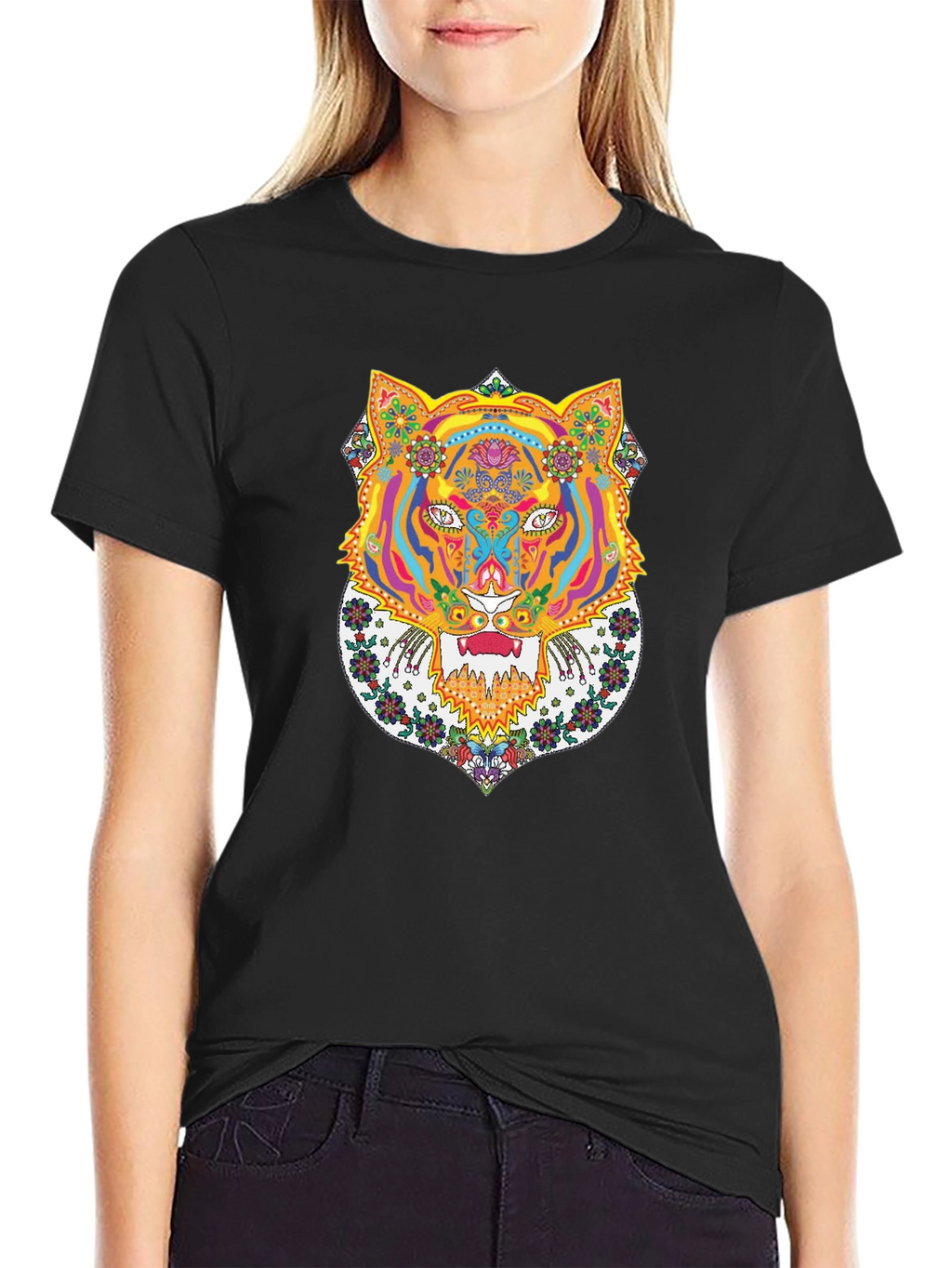 Psychedelic Tiger Graphic Tee - Bold Black T-Shirt