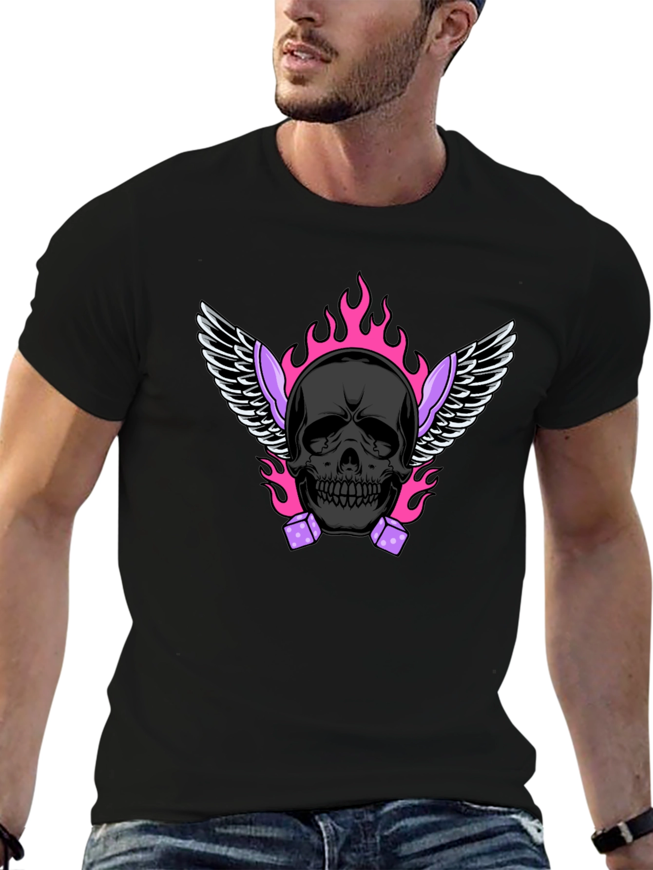 Skull with Wings and Dice Graphic T-Shirt
