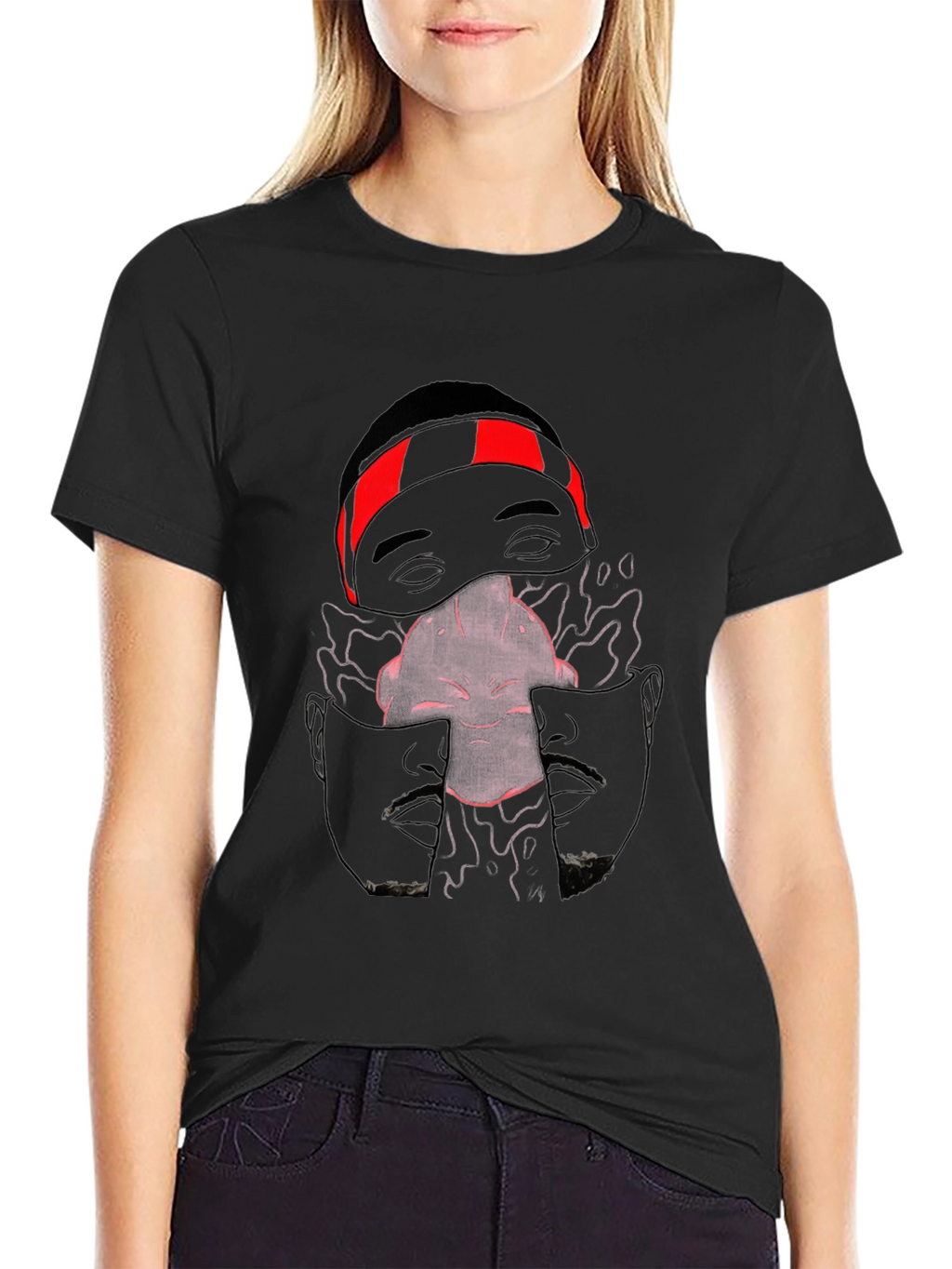 Unique Graphic Print Crew Neck Tee - Black