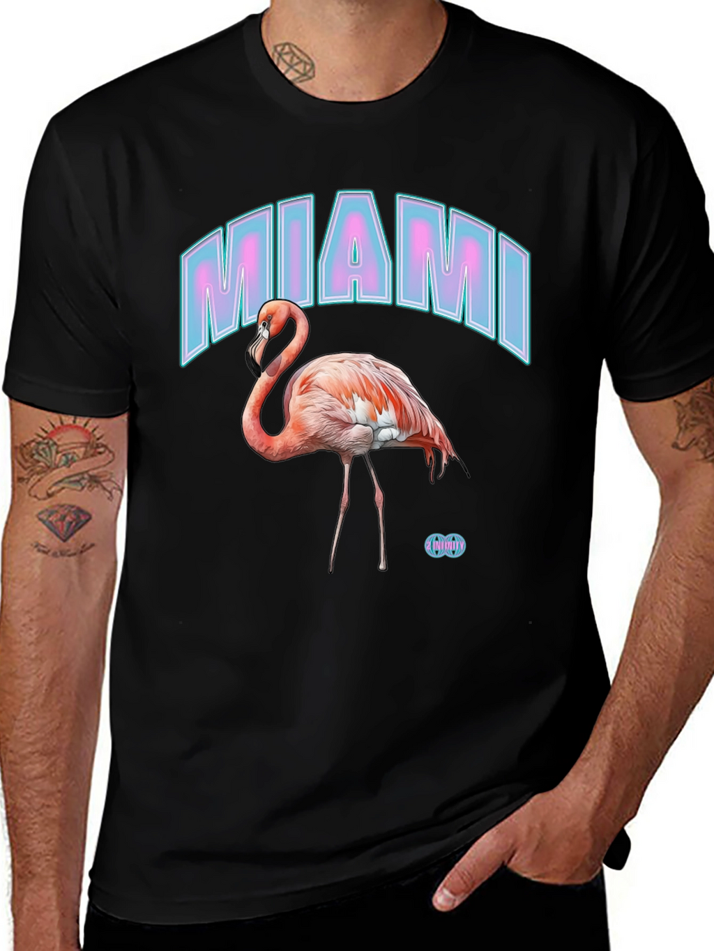 Miami Flamingo Graphic Tee - Black Cotton Casual T-Shirt