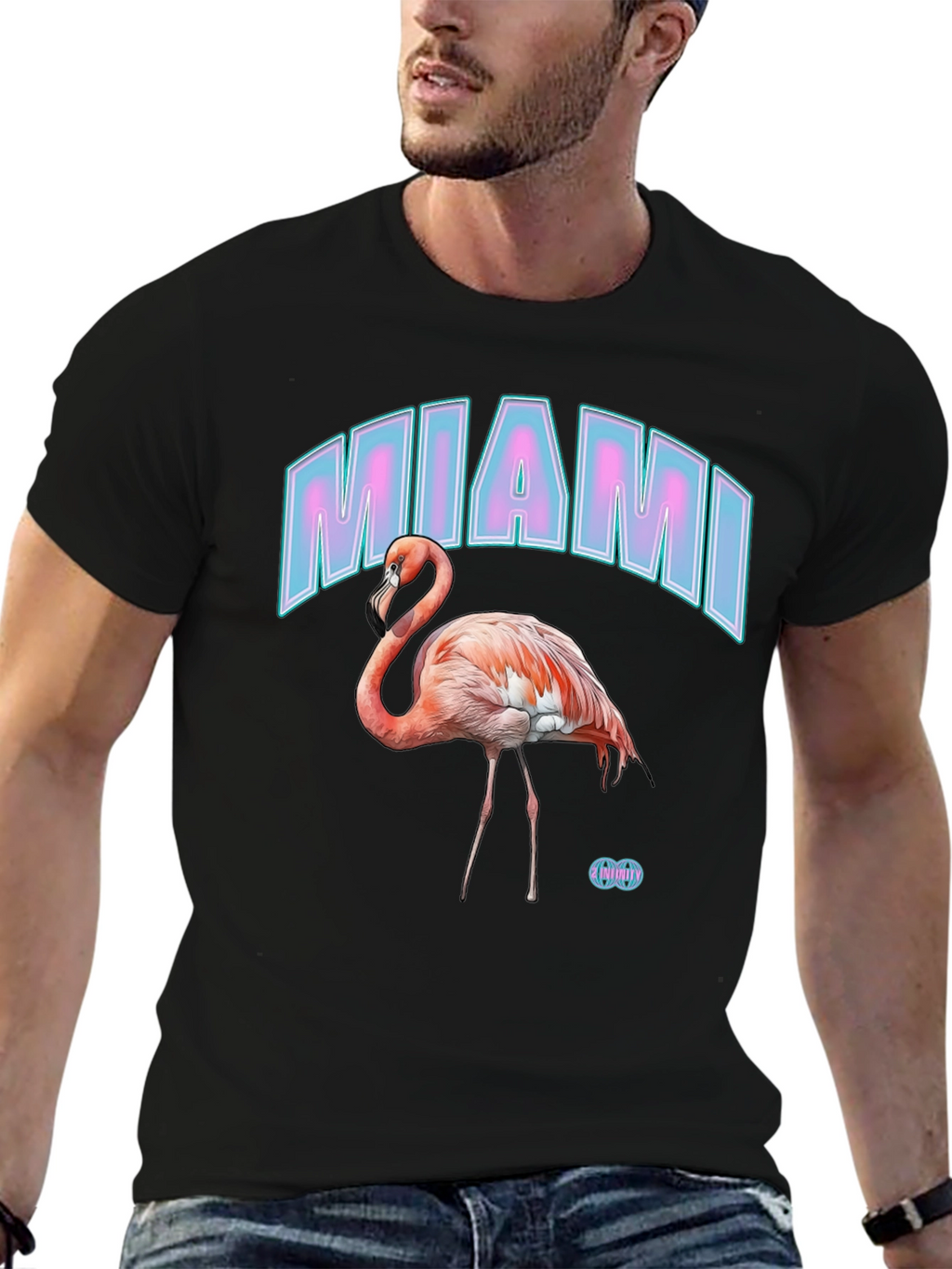Miami Flamingo Graphic Tee - Black Cotton Casual T-Shirt