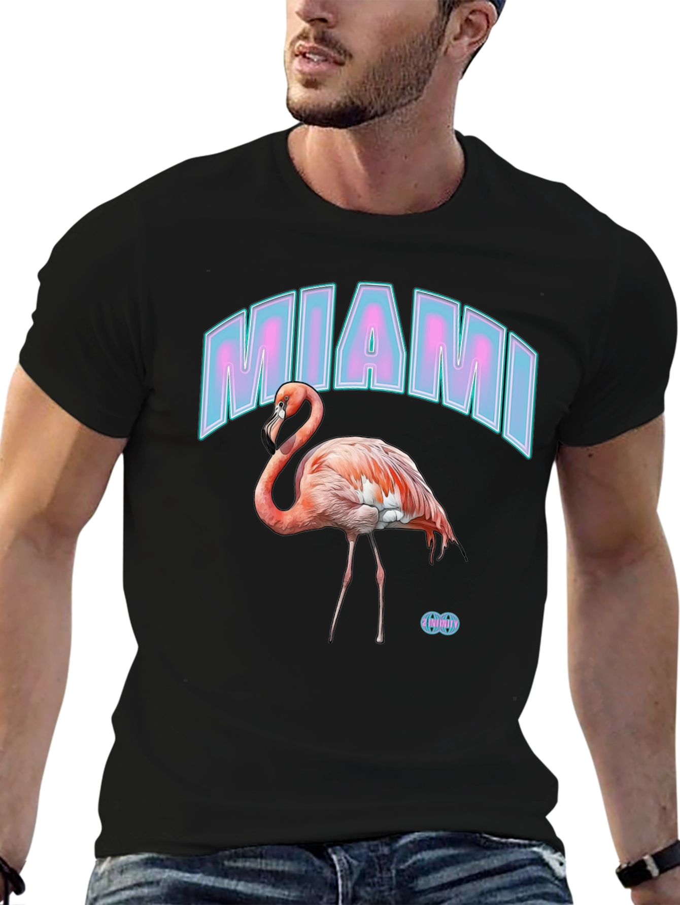 Miami Flamingo Graphic Tee - Black Cotton Casual T-Shirt