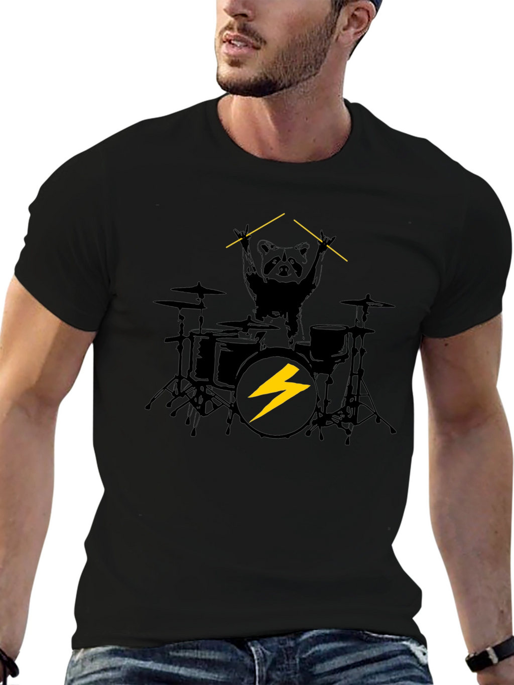 Raccoon Drummer Graphic Black T-Shirt