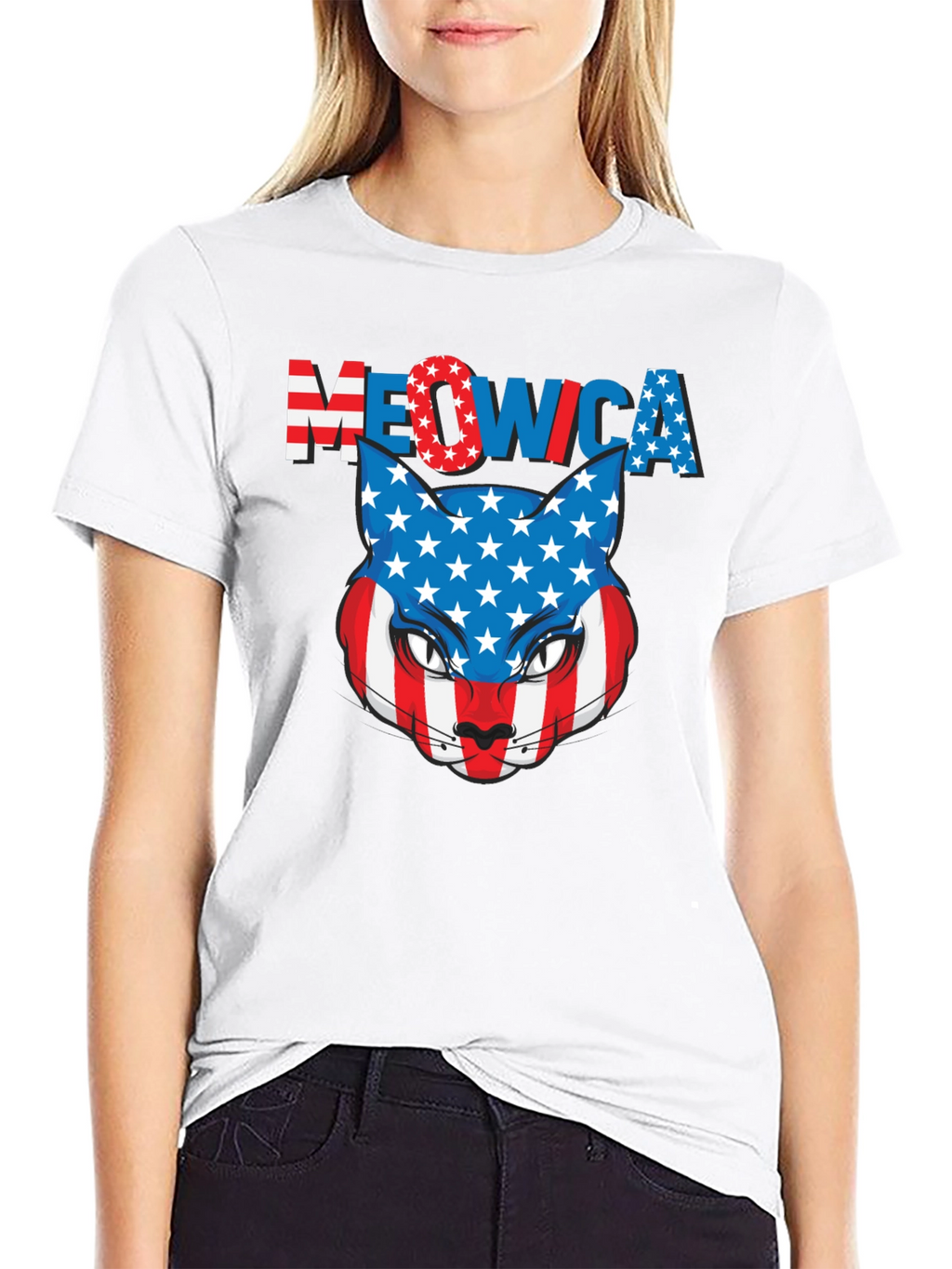 Meowica Patriotic Cat USA Flag Graphic T-Shirt