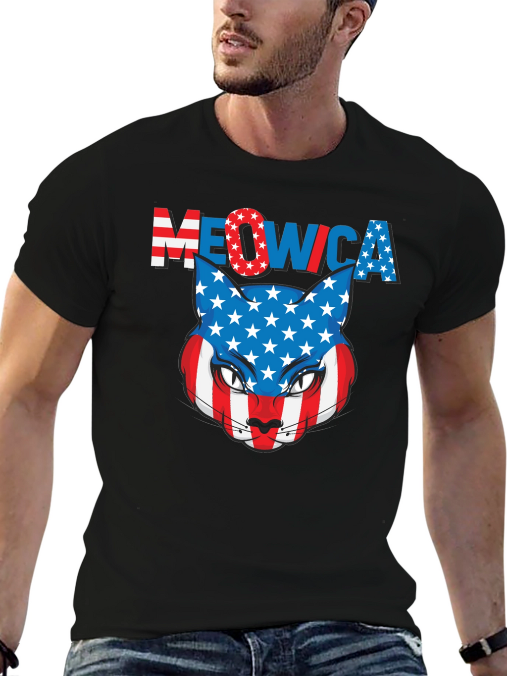 Meowica Patriotic Cat USA Flag Graphic T-Shirt