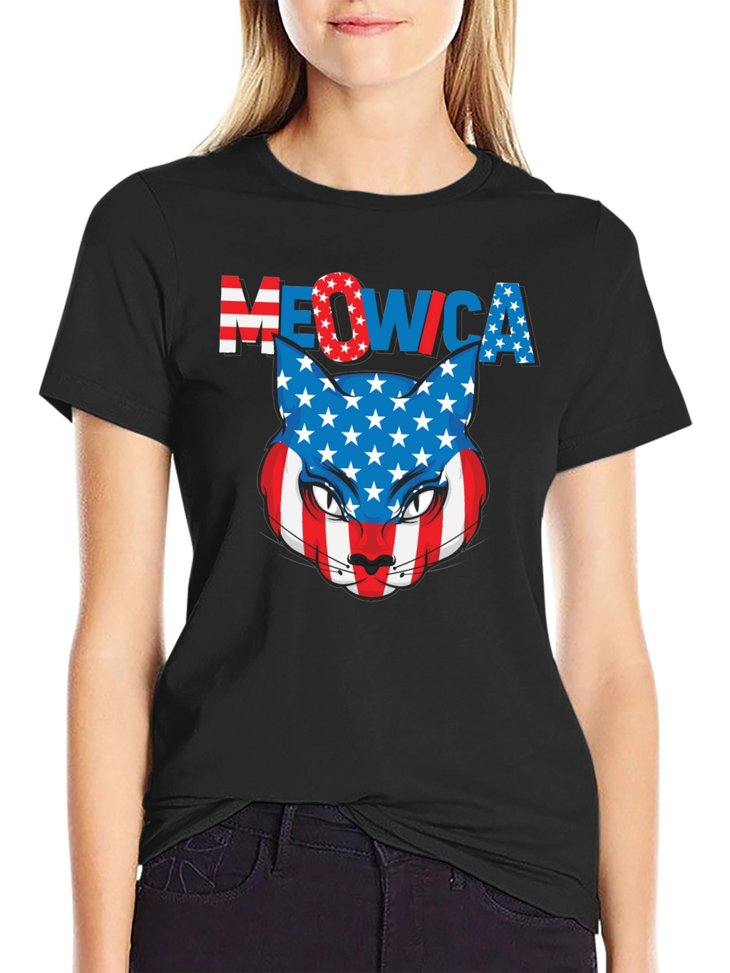 Meowica Patriotic Cat USA Flag Graphic T-Shirt