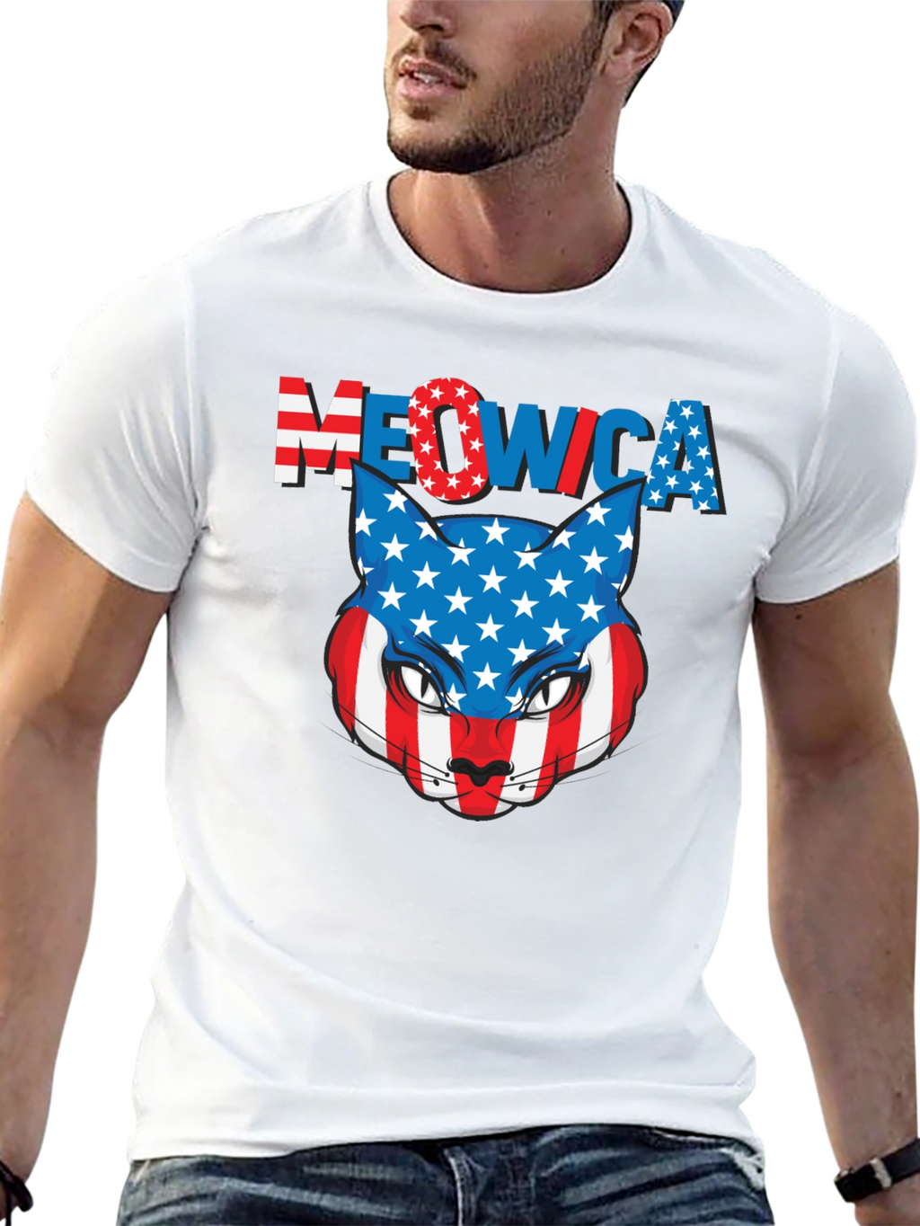 Meowica Patriotic Cat USA Flag Graphic T-Shirt